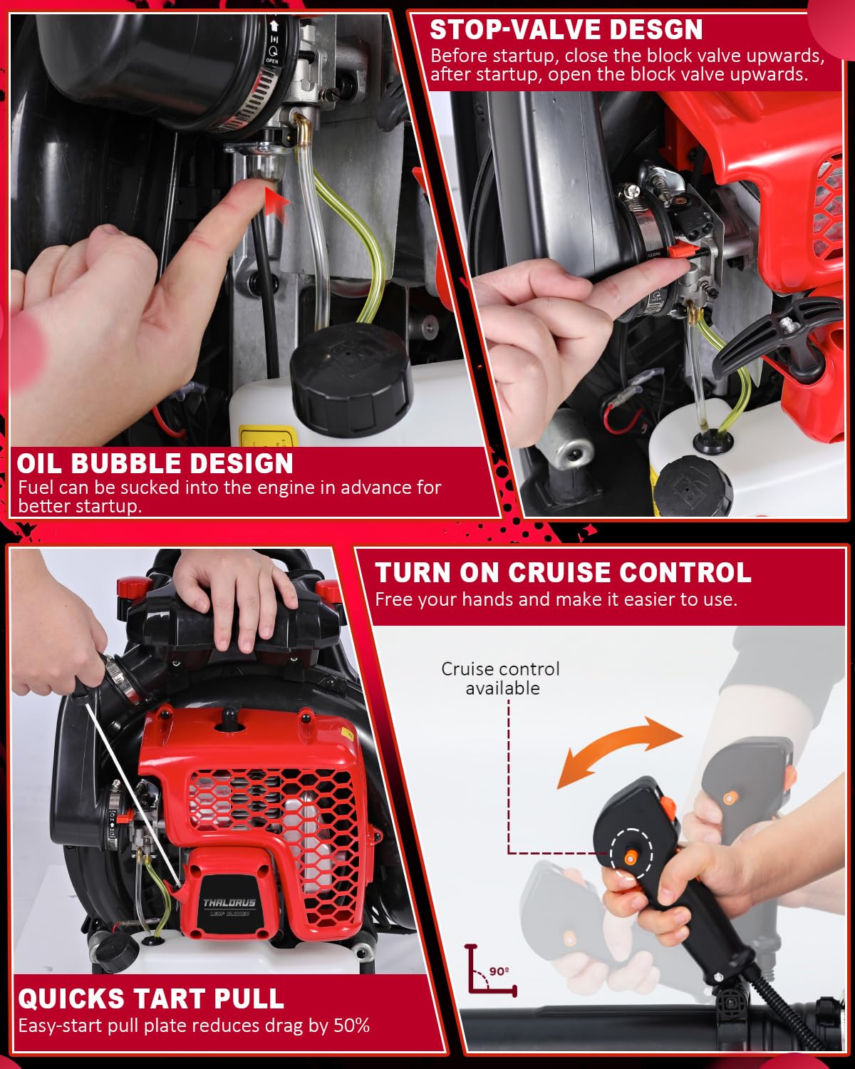 Thalorus 63CC Gas Backpack Leaf Blower, 2-Stroke, 665 CFM, 205 MPH, Variable Speed & Cruise Control, Ergonomic Harness, Reduced Emissions, for Fast Yard Cleanup (Red)