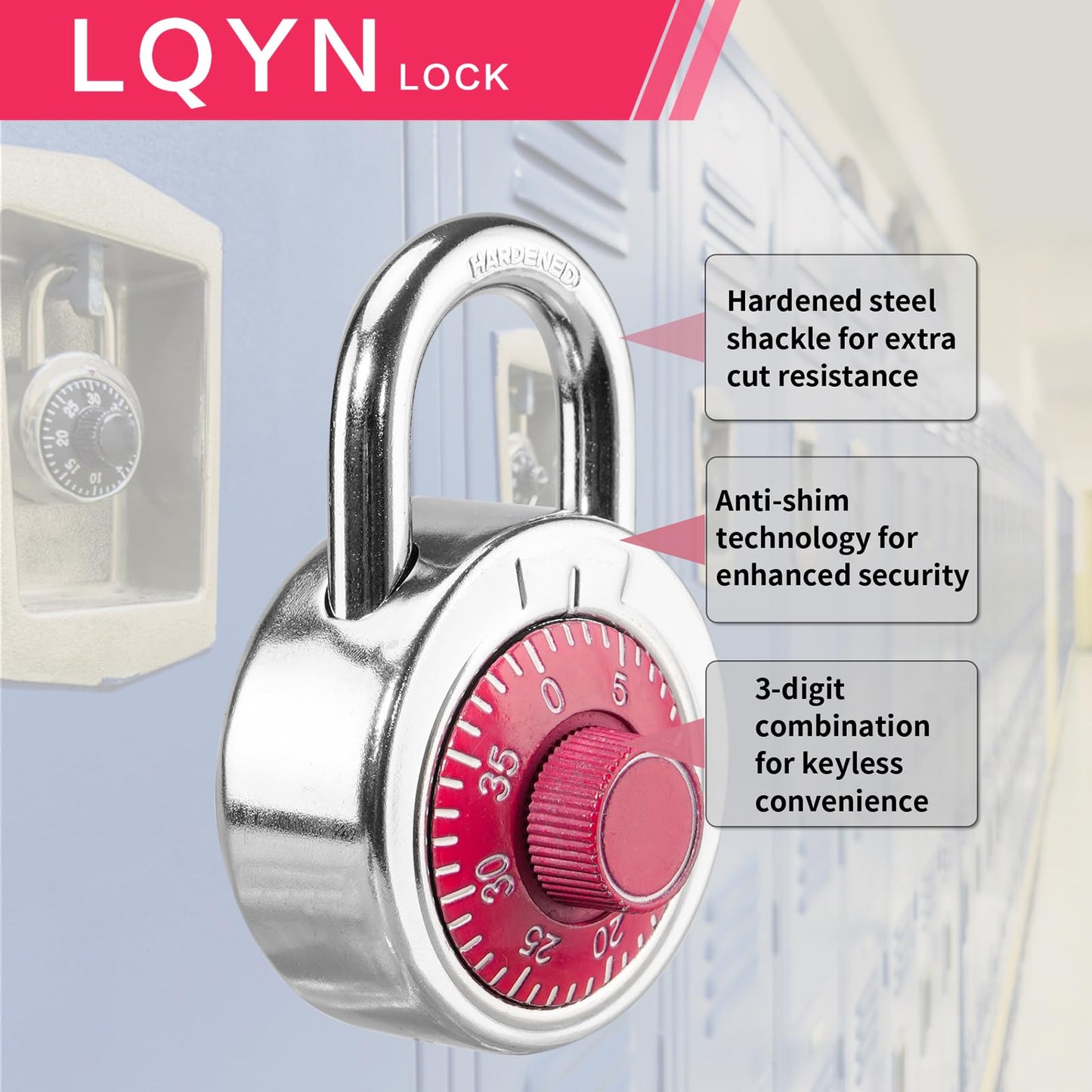 Combination Lock, LQYN Standard Dial Combination Lock, Pack of 8; Red Turnplate, 2 in. Wide, Fixed Three Digital Combination, for School, Gym & Locker, Toolbox, Gate