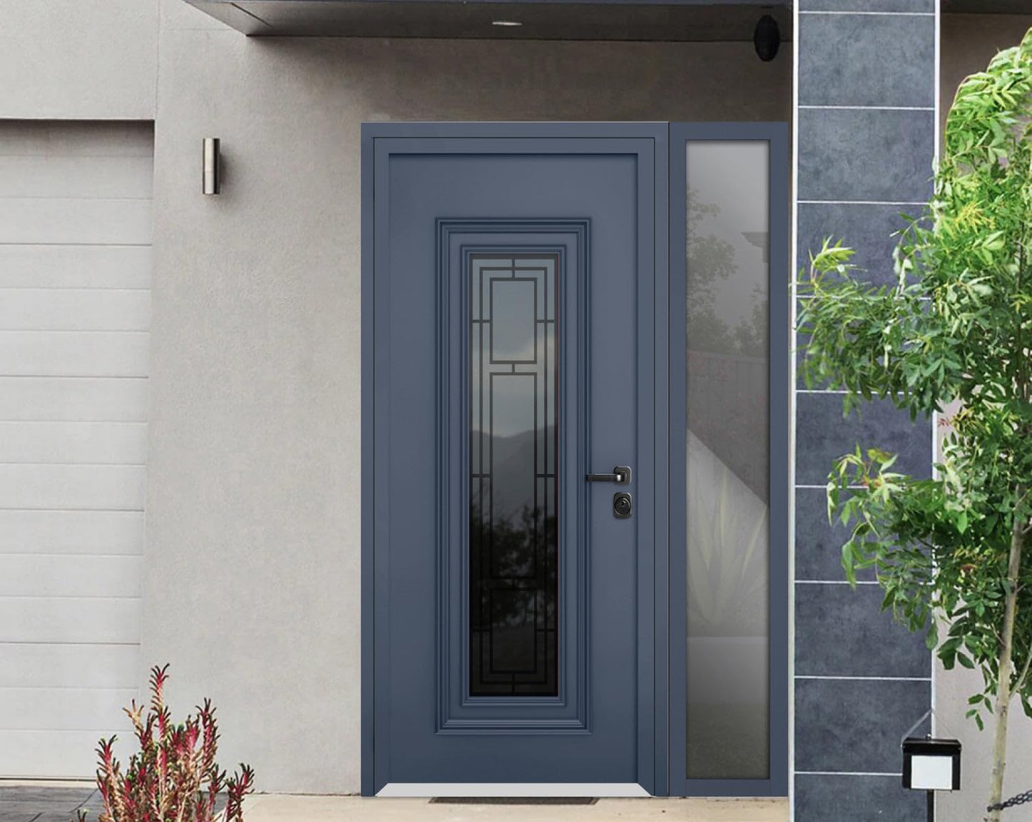VDOMDOORS Front Exterior Prehung Steel Door/Ballucio 6044 Gray Graphite/Side Exterior Window/Stainless Inserts Single Modern Painted-W36+12" x H80-Left-hand Inswing