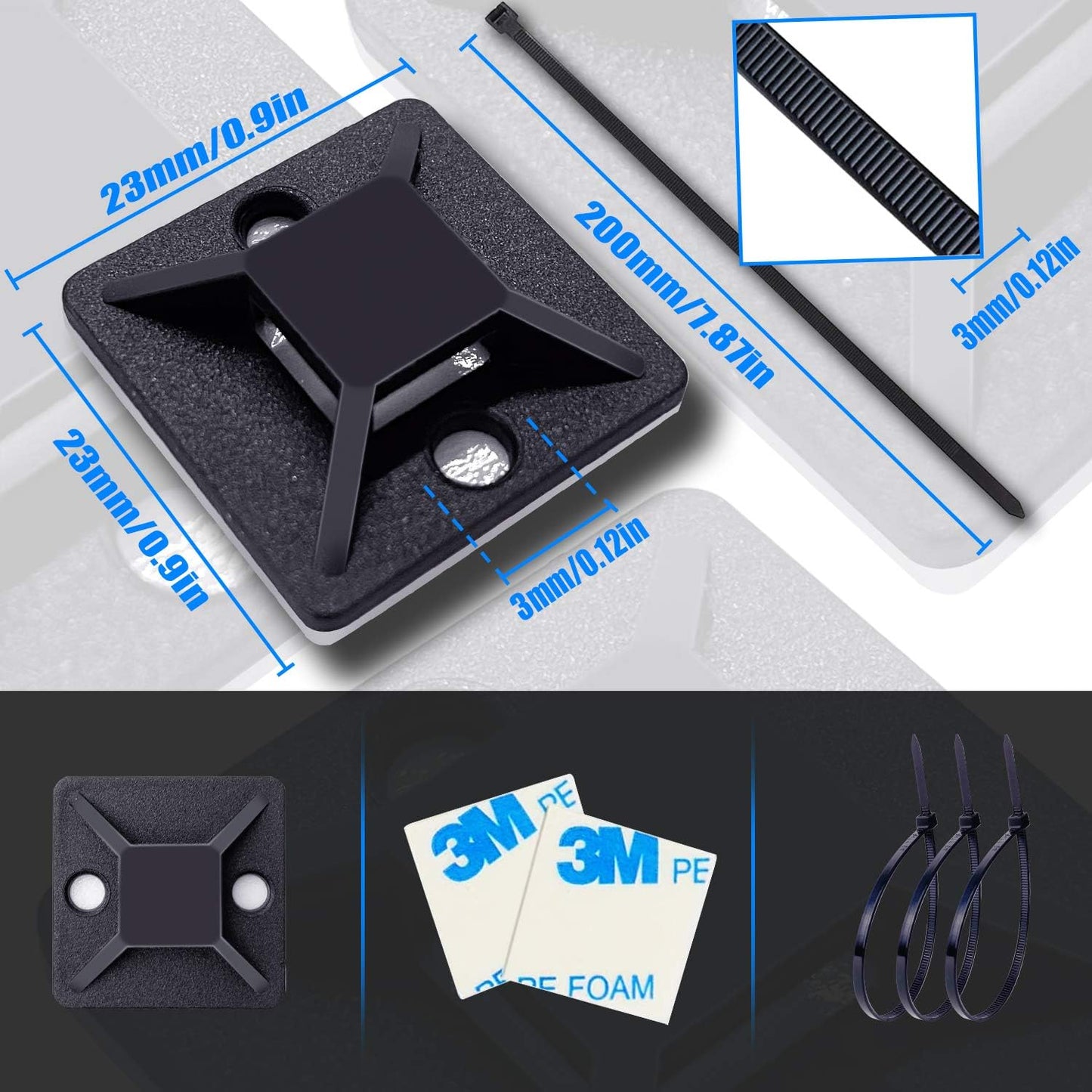 4/5" 100 Pack HUASAI Zip Tie Mount With Cable Ties,Self Adhesive-backed Mounts for Wire Holder, Black Cable Management