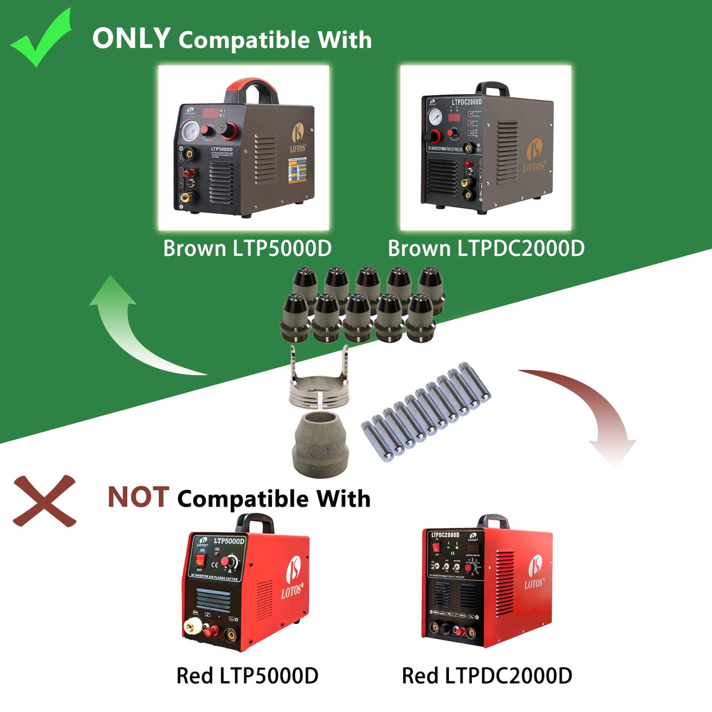 LOTOS LTPDC2000D Non-Touch Pilot Arc 50A Plasma Cutter 200A Tig Welder & Stick Welder 3 in 1 Combo Welding Machine,½ Inch Clean Cut,Brown & PCS22 Plasma Cutter Consumables Sets