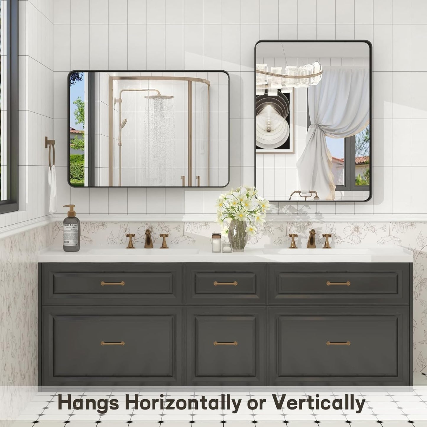VANLIO 24x30 Inch Black Matte Framed Bathroom Mirror for Wall, Rounded Corner Rectangle Vanity Mirror, Tempered Glass, Anti-Rust, Shatterproof (Horizontal/Vertical)