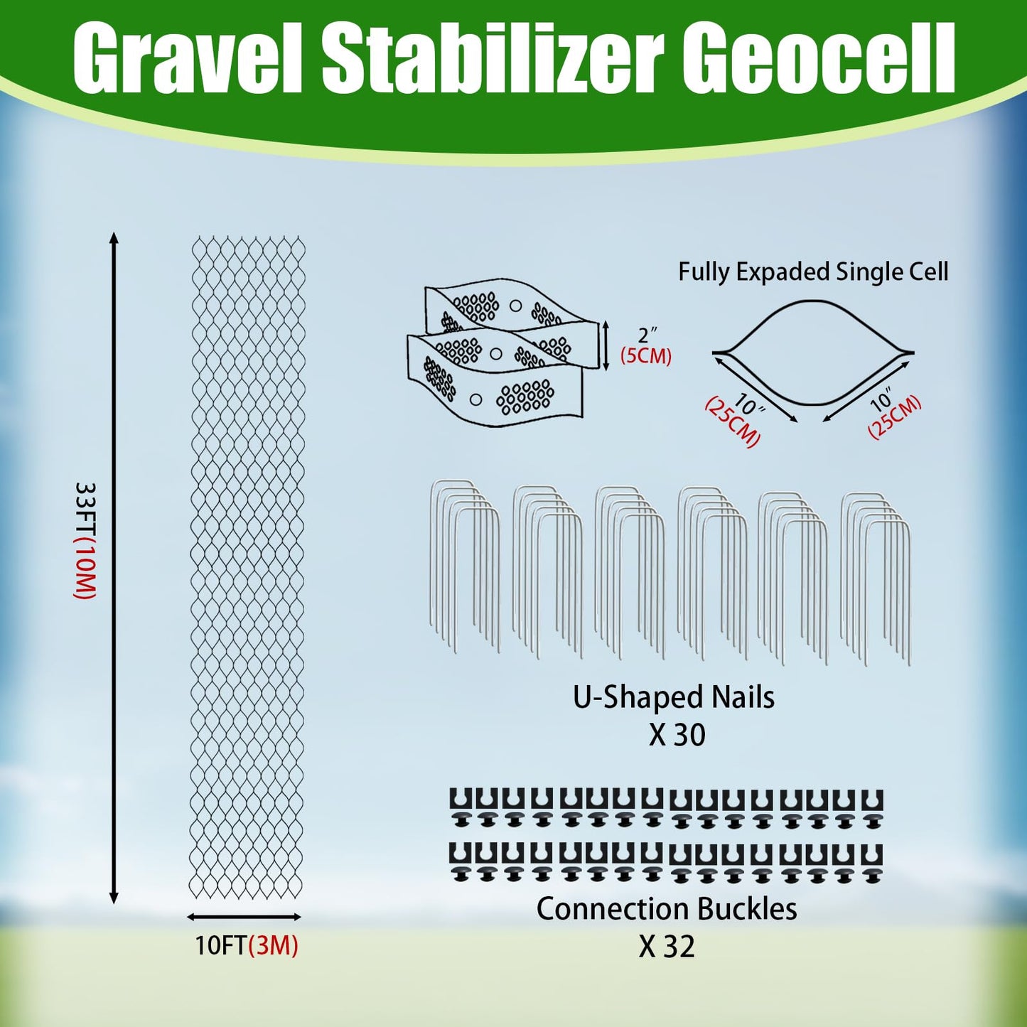 2" Thick Gravel Ground Grid 10ft x 33ft - Geo Grid Driveway Stabilization Grids, Gravel Retainer Grid 1885 LBS Per Sq ft, Geocell Geogrid for Walkway Driving RV Parking Slopes and Garden