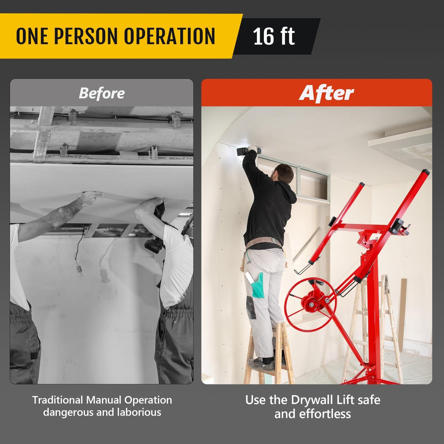 6.2FT to 16FT Adjustable Drywall Hoist – 150LB Capacity Sheetrock Lift with 360° Rotation & 60° Tilt, Heavy Duty Rolling Jack for Ceiling and Wall Installation – Ideal for Contractors