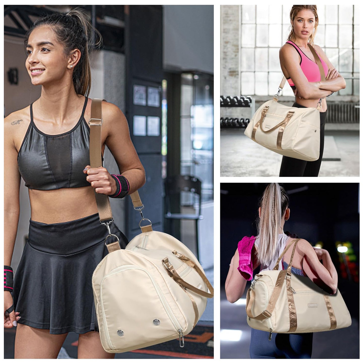 FIORETTO Womens Gym Tote Duffle Bag with Toiletry Bag, Sports Duffel Overnight Hospital Workout Carry on Bag for Girls with Wet Pocket & Shoe Compartment, Ideal for Travel, Swimming, Beige & Brown