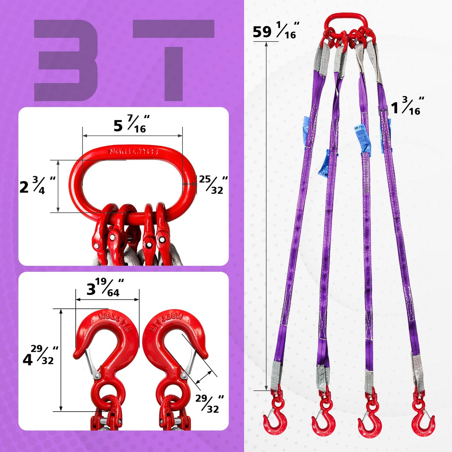 SENKEYFE Four Leg Bridle Web Sling 5ft 6600lbs Lifting Slings with G80 Alloy Steel Grab Hooks and Adjuster Polyester Webbing Purple Rigging Straps for Safe Towing and Handling of Cargo