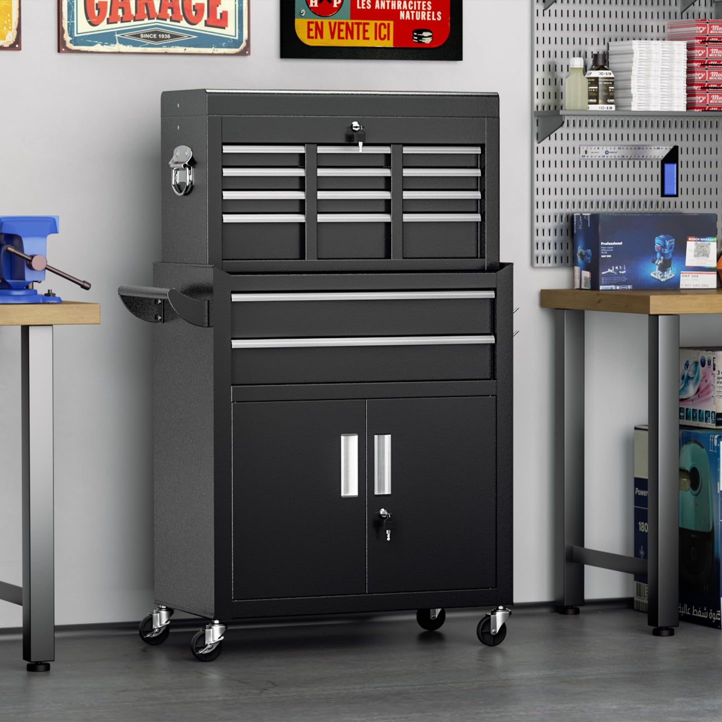 Superday Metal Tool Chest, 8 Drawer Rolling Tool Chest with Wheels, Detachable Tool Storage Cabinet with Lock for Garage, Assembled Steel Tool Cart with Liner & Hooks for Workshop, Warehouse (Black)