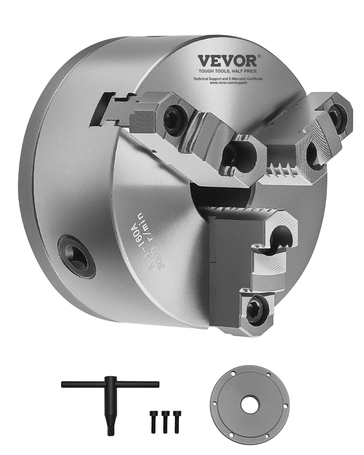 VEVOR 3-Jaw Lathe Chuck, 6 Inch (160 mm), Self-Centering Chuck with 1 1/2 in-8 Threaded Backing Plate, 0.12-5.71 in (3-145 mm) Clamping Range with T-wrench Screws, HT300 Material, for Wood Metal Lathe