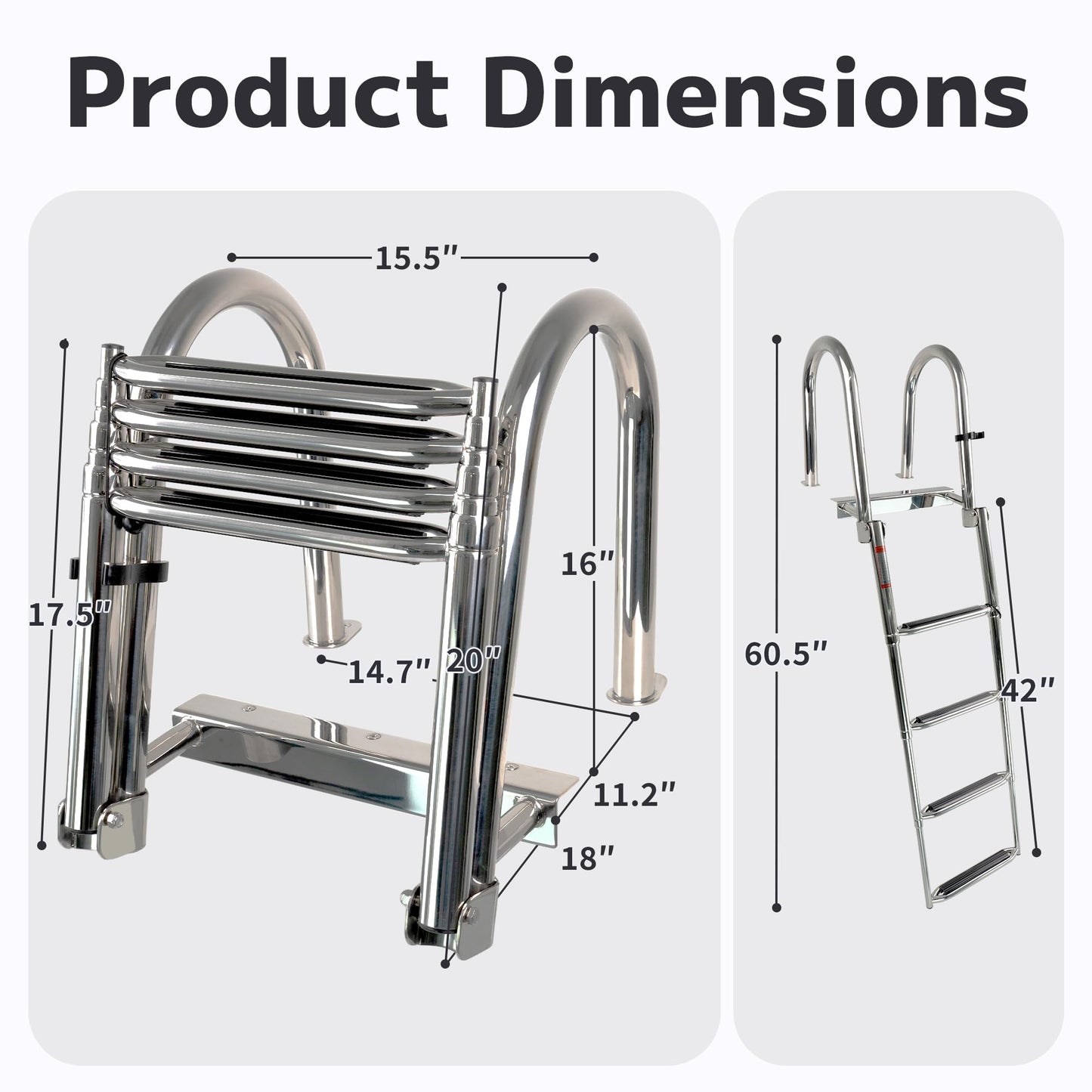 Manumarine 4 Step Heavy Duty 316 Stainless Steel Boat Ladder | Telescoping Folding Rear Entry Dock Swim Deck Ladder with Handrails & Extra Wide Steps, 600lbs Capacity Marine Grade