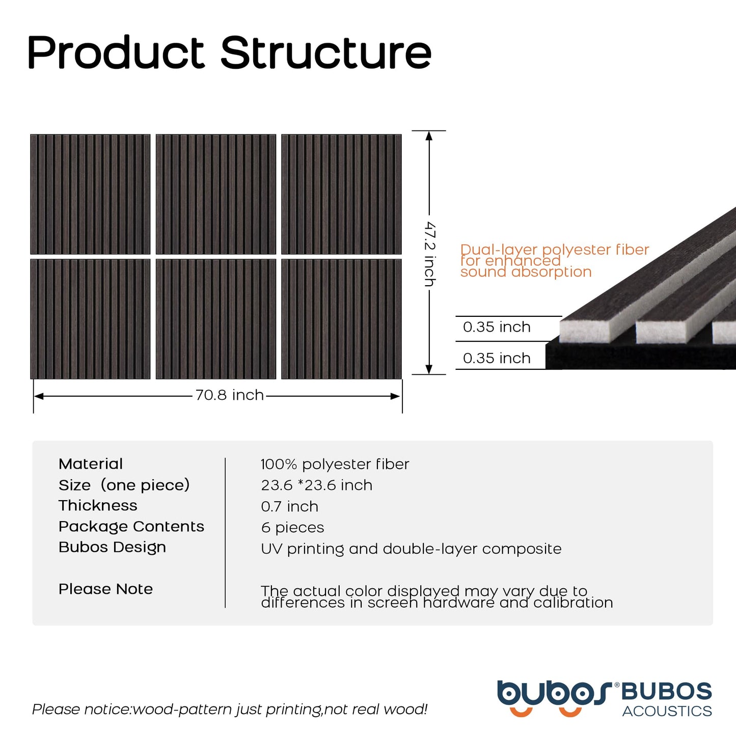 BUBOS Large Acoustic Wall Panels, 6-Pack 24" x 24" x 0.7" Faux Wood Slat Sound Absorbing Panels, High-Density Soundproof Wall Decor for Recording Studio, Home Theater & Gaming Room，Slat Flow Black Oak