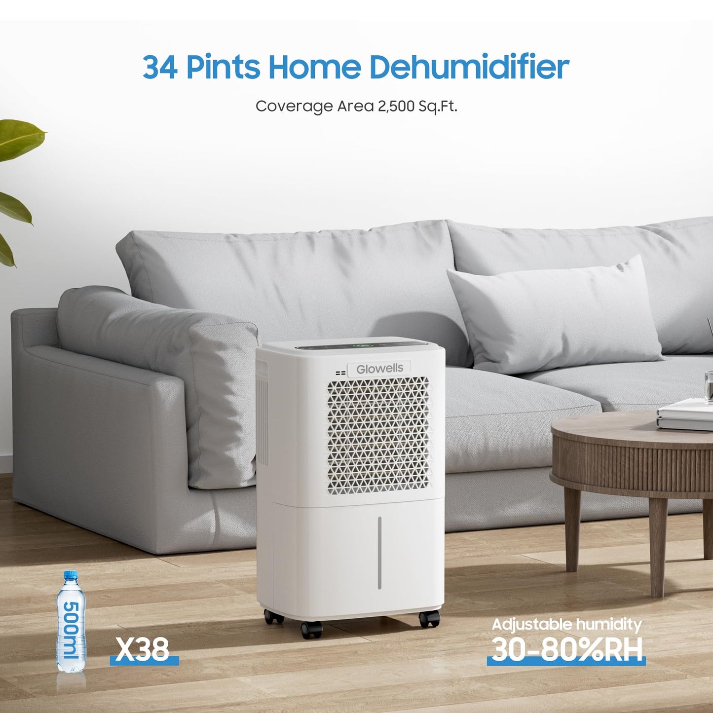 2500 Sq.Ft Dehumidifier for Basement with Drain Hose, Glowells 34 Pints Dehumidifiers for Home, Bathroom, Bedroom Large Room, RV, Three Modes, Quiet with Smart Compressor, Dry Clothes, 24H Timer