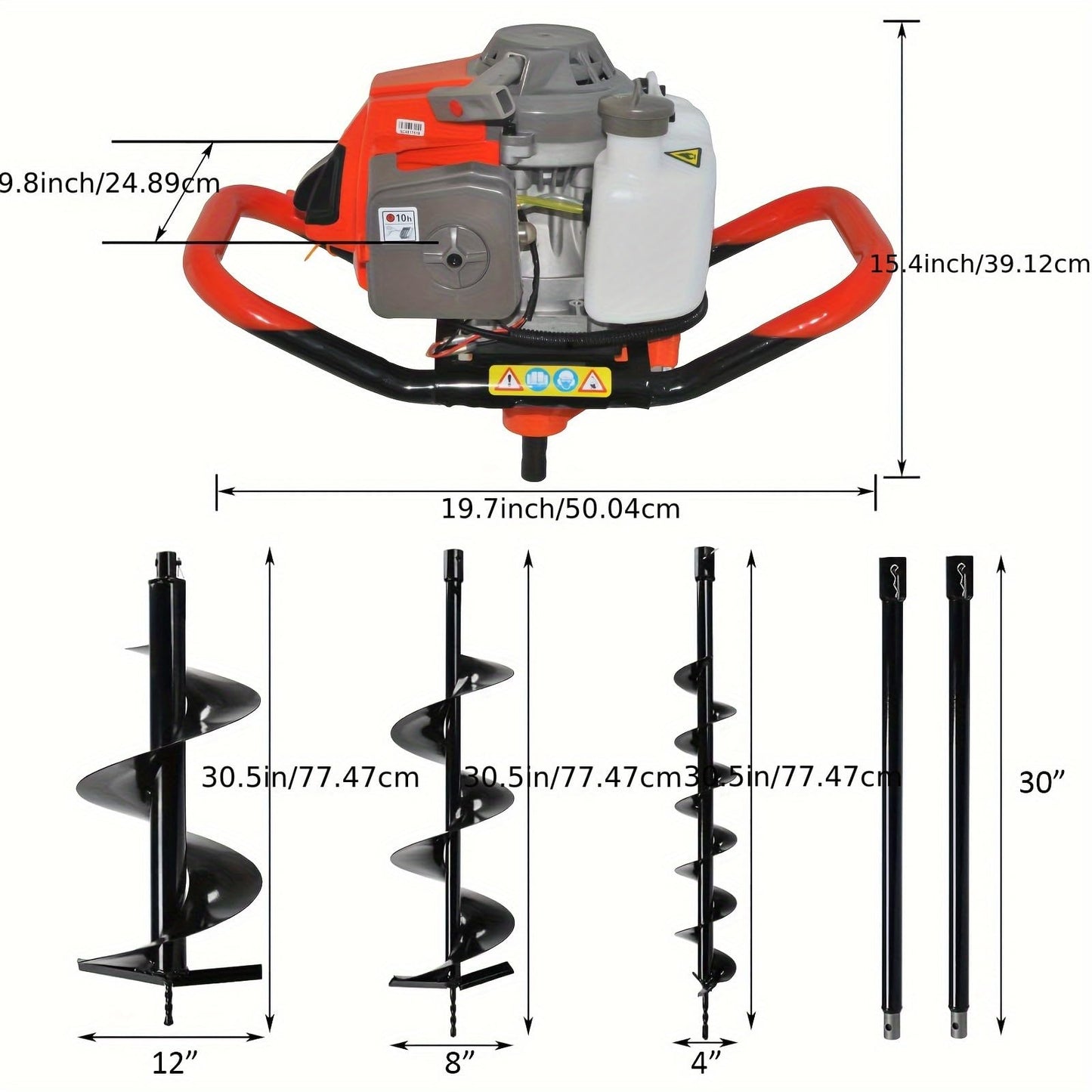85cc Gas Powered Post Hole Digger, Gas Earth Auger/Ice Auger, with 4"/8"/12" Bits + Two 30-inch Extension Poles, 2-Stroke Gasoline Post Digger for Fence Garden Farm Plant