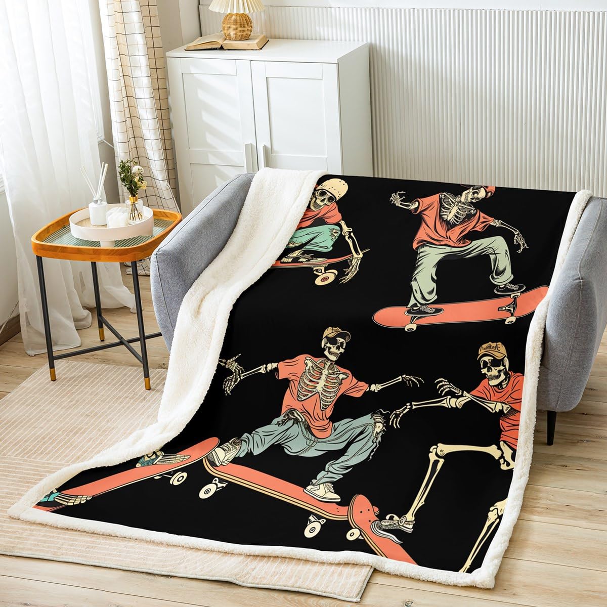 Skateboard Blanket Throw Sugar Skull Fleece Blanket Hip Hop Style Sherpa Blanket for Kids Teen Boys Skateboarding Actions Hippie Fuzzy Blanket Ultra Soft Throw 50"x60" Orange Black Child Room Decor