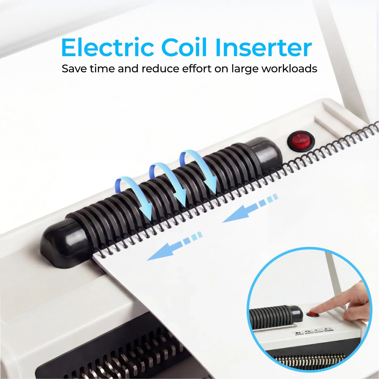 Spiral Binding Machine with Electric Coil Inserter, 20-Sheet Manual Punch, 4:1 Pitch, 46 Fully Disengageable Pins for Versatile Binding - Binds up to 500 Sheets - Includes 100 Coils & Crimping Pliers