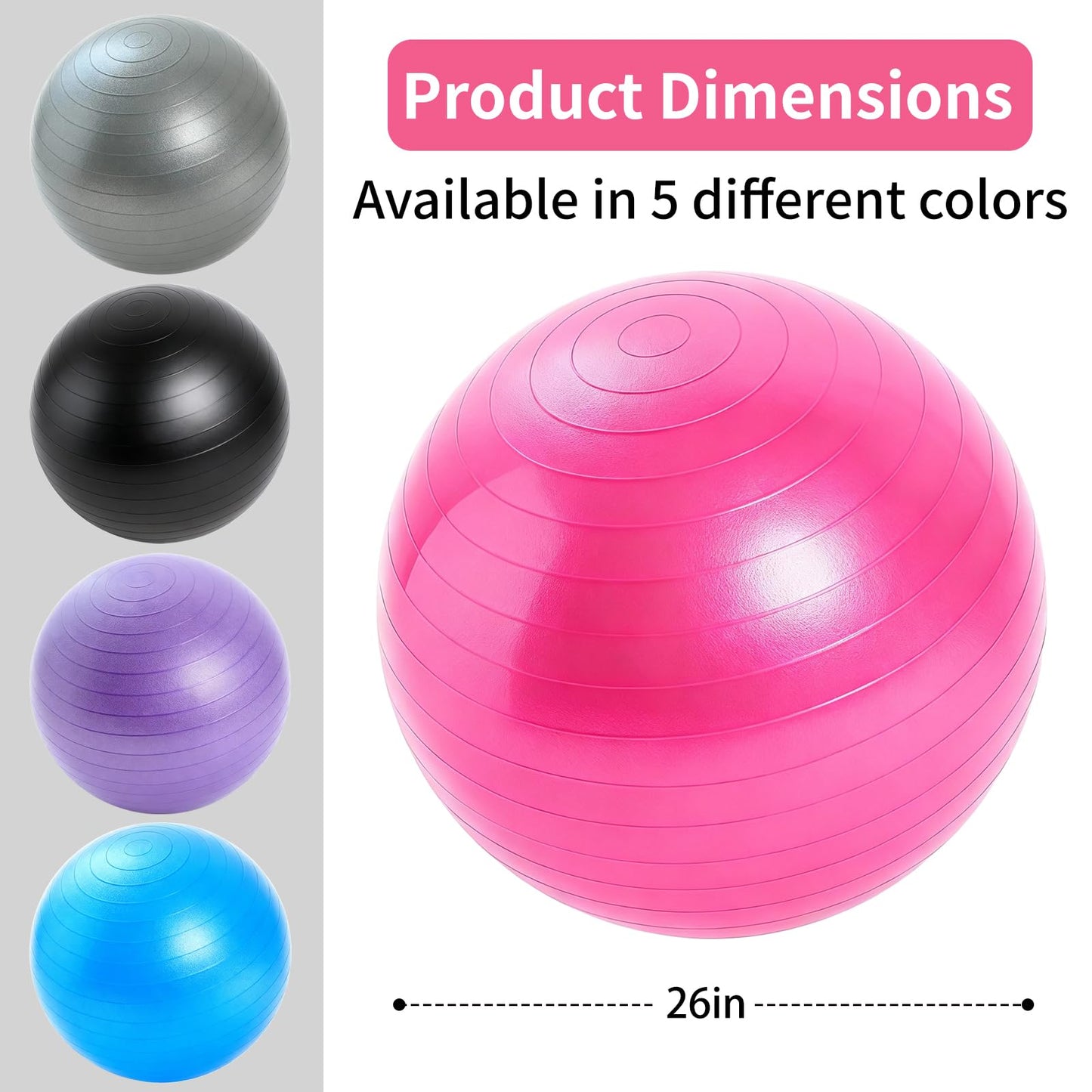 WIFOCU 5 Pcs 26 Inch Anti-Burst Yoga Exercise Ball, Anti-Slip Heavy Duty Gym Ball for Fitness, Core, Balance, Prenatal Workout, Office Chair with Quick Pump