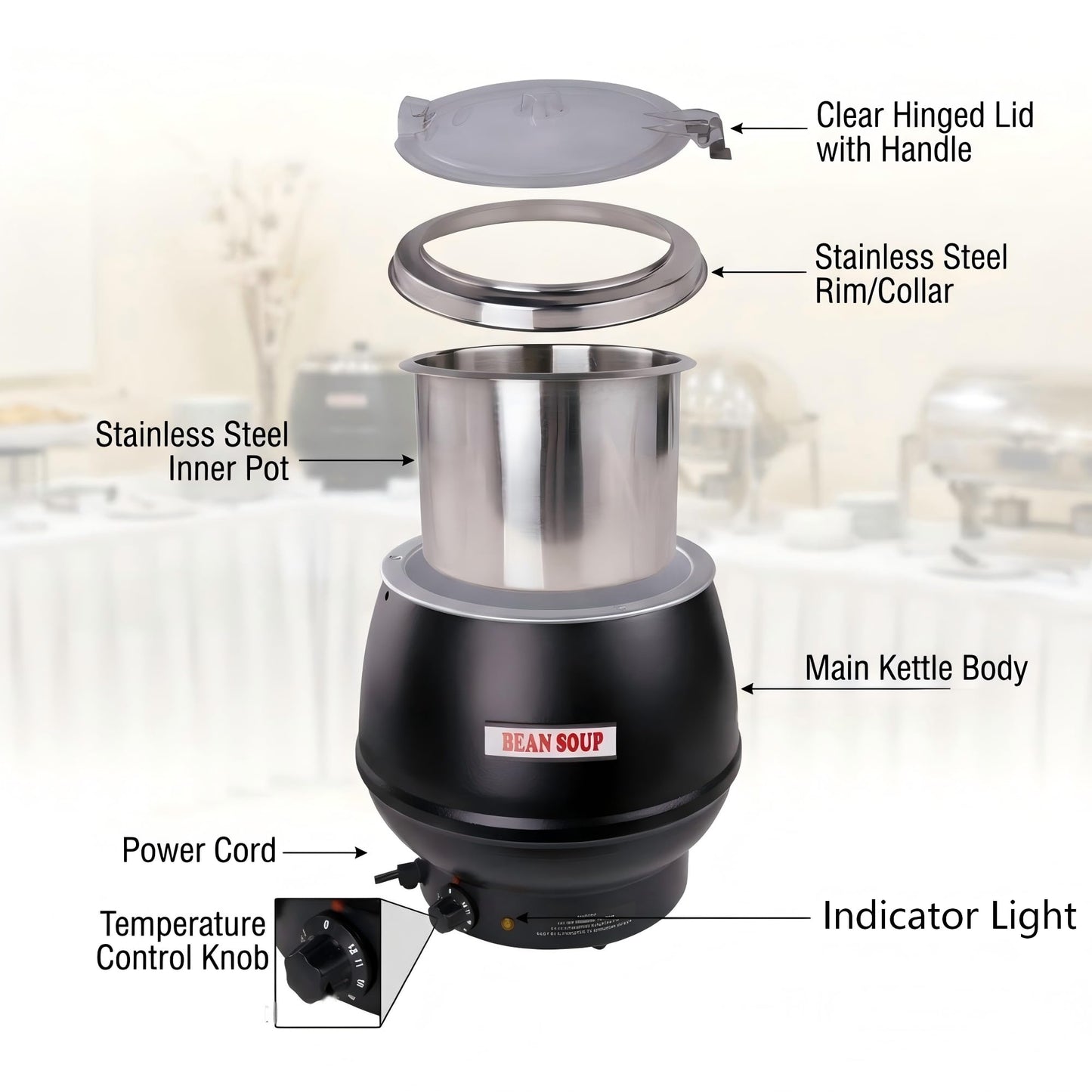 CLIVIA Commercial Electric Soup Warmer Pot, Stainless Steel Food Warmer Kettle for Restaurant and Catering, 11Qt Large Soup Cooker with Lid