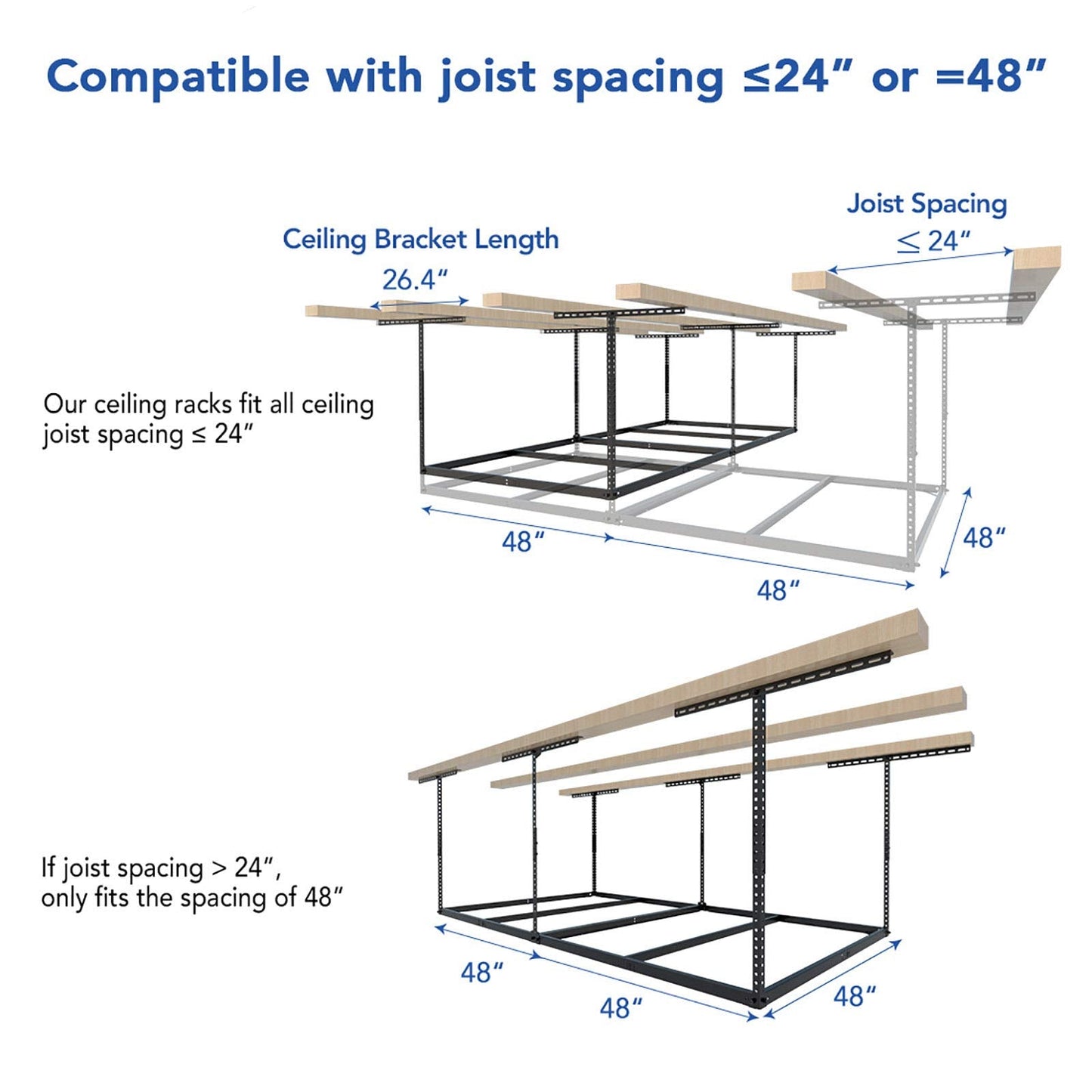 FLEXIMOUNTS 4x8 Overhead Garage Storage Rack without Decking, Storage Organization System, Heavy Duty Metal Garage Ceiling Racks, 600lbs Weight Capacity, Black, Lite Series
