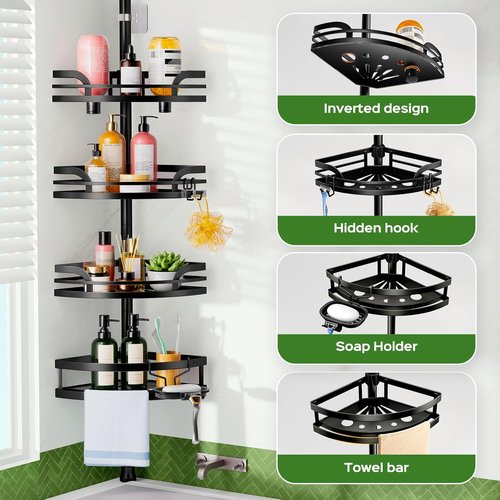 HAMITOR Shower Caddy - Rustproof Adjustable Tension Pole Organizer | 47-121 Inches - Black Bathroom Shelf for Shampoo Storage