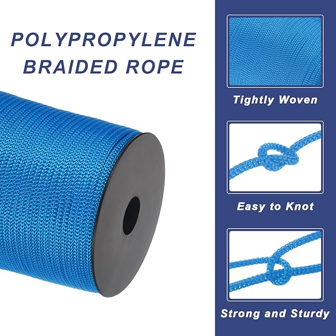 MECCANIXITY 5/32 Inch Polypropylene Rope Braided Ropes, 328ft Camping Rope Hollow Utility Cord for Clothesline, Hiking, Outdoor, RoyalBlue