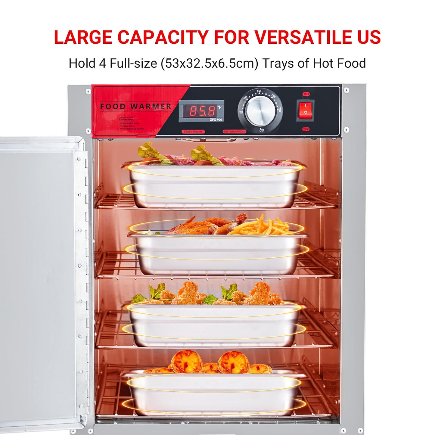 EliteEdge 4-Tier Hot Box Food Warmer 16"x23"x23", 850W Stainless Steel Heated Cabinet/Proofing Cabinet with Water Tray, Fits 1/1 Pans, Perfect for Pizza, Chicken, Patty, Pastry