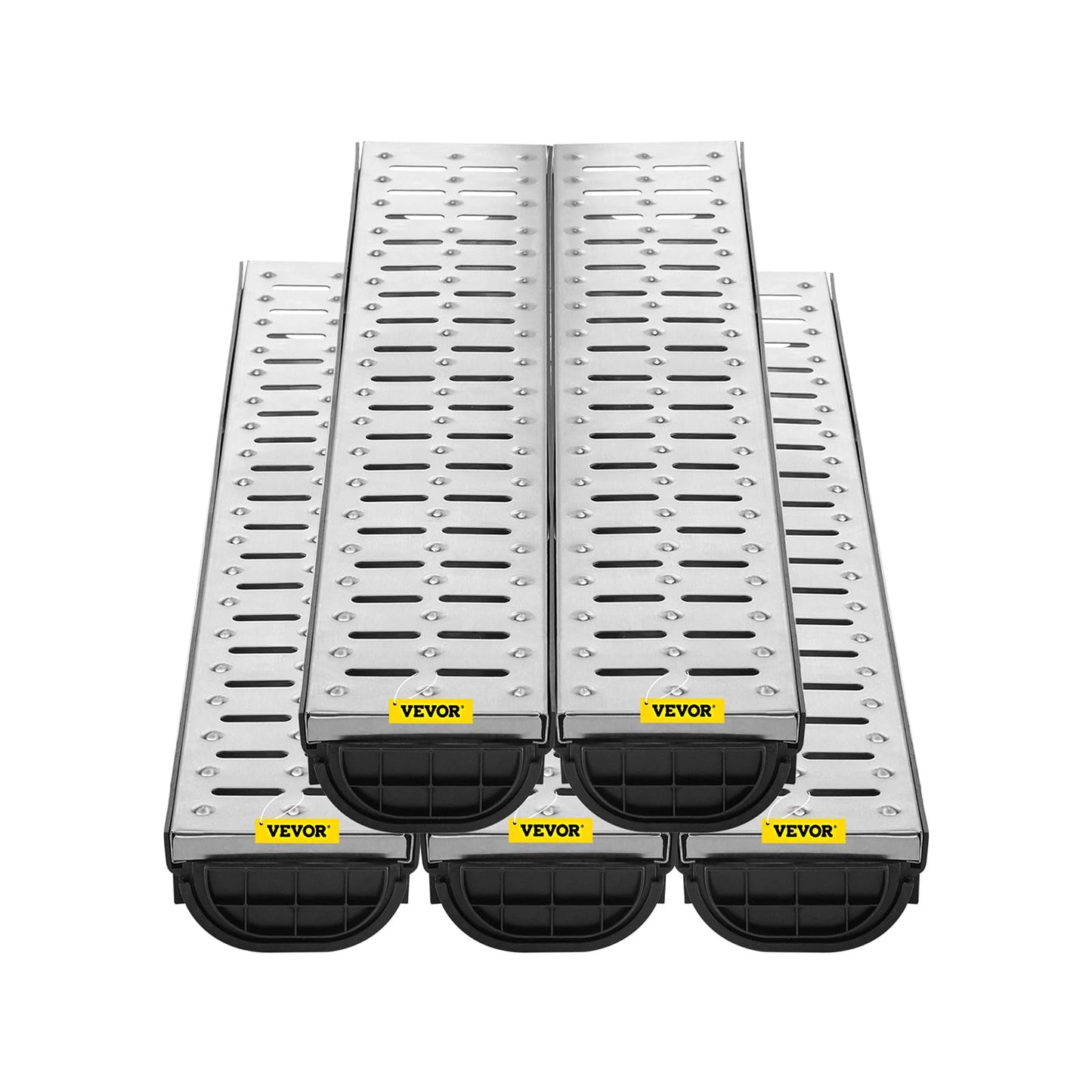 VEVOR Trench Drain System 5 Pack, Channel Drain with Metal Grate 5.7 x 3.1 in HDPE Drainage Trench, Black Plastic Garage Floor Waterway 5 x 39 in with 5 End Caps for Garden Driveway