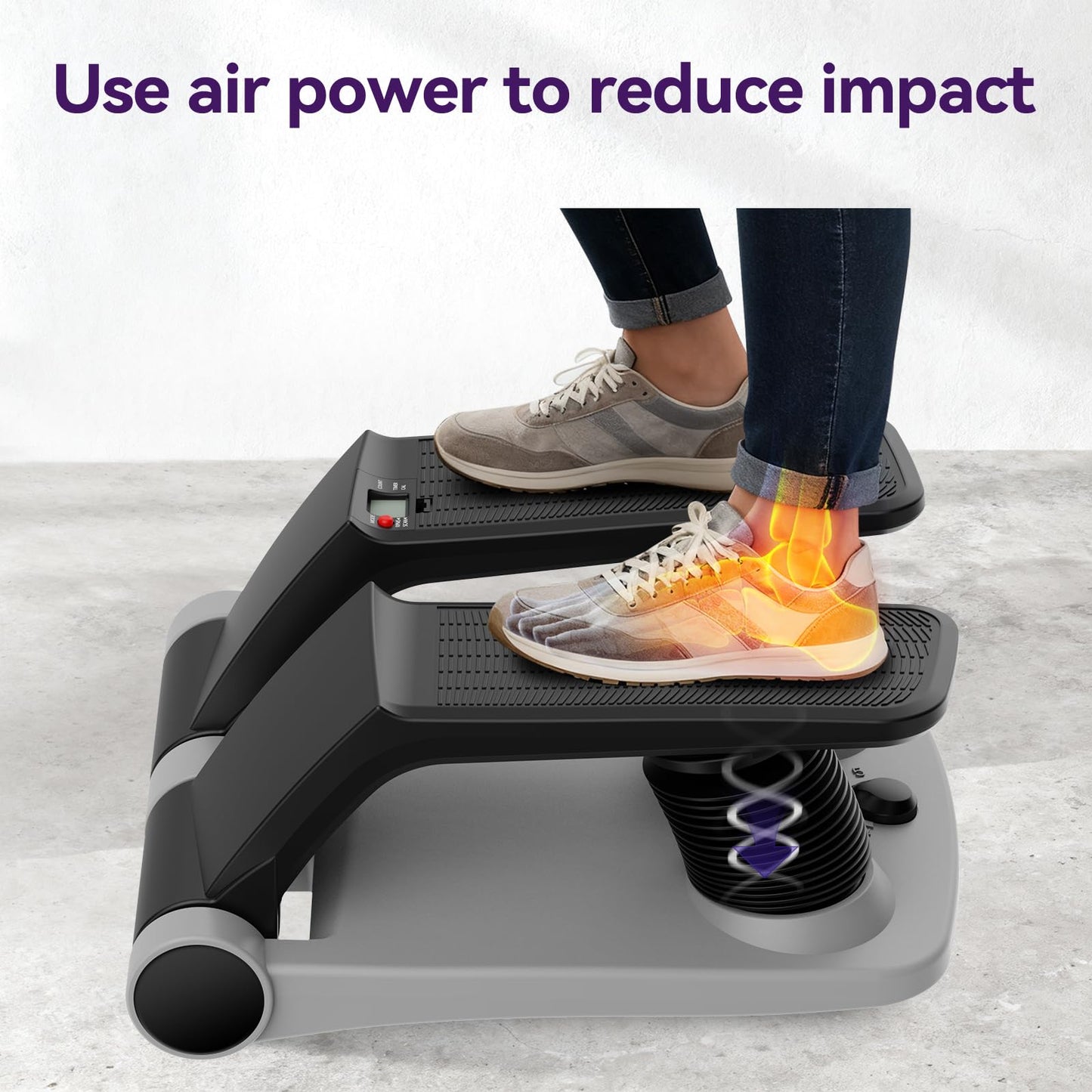 Air Stepper Exercise Machine with Resistance Bands, Stair Stepper with LCD Monitor, Adjustable Resistance Cardio Trainer for Home Workout, Compact Fitness Equipment, 300 lbs Weight Capacity (Gray)