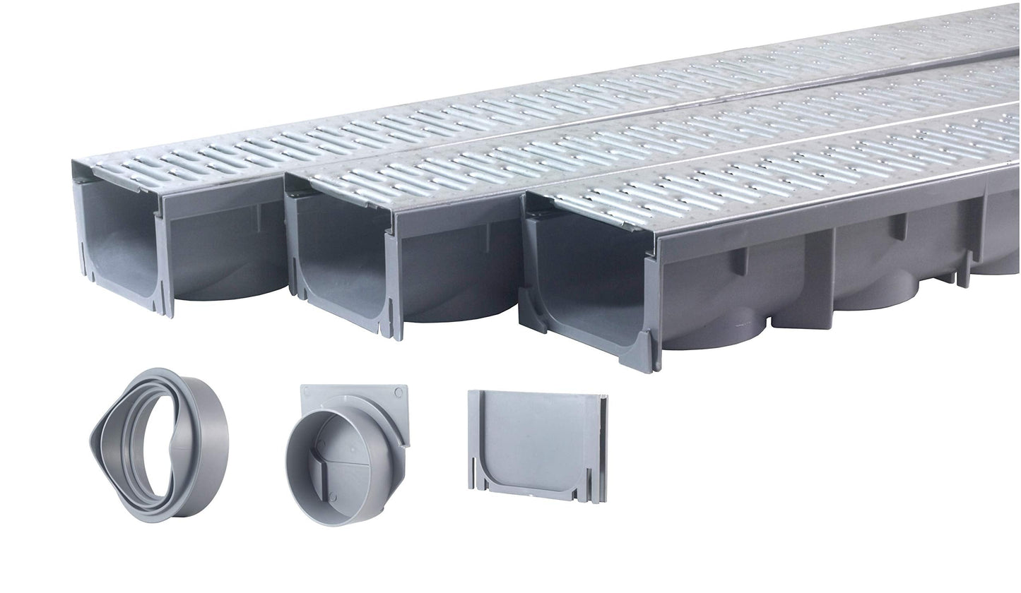 URA WATER - Model UA-100 - Drainage Trench Set - Channel Drain With Galvanized Steel Grate - 3 x 39" - (117" Total Length)