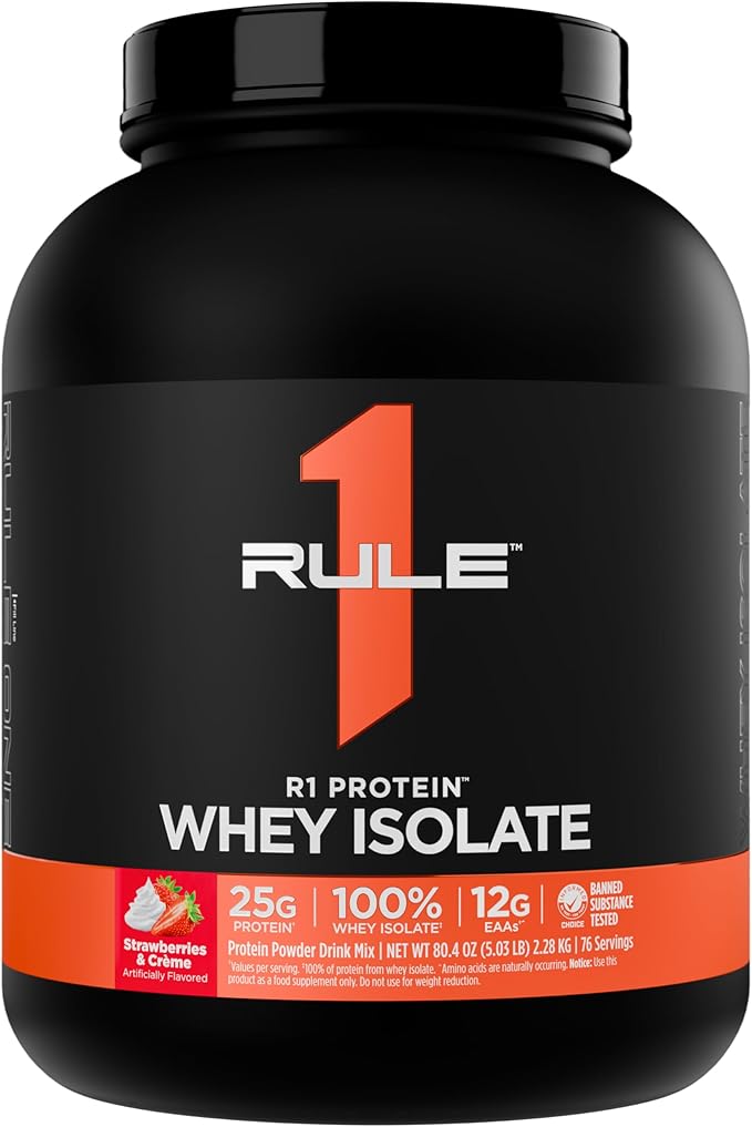 Rule 1 R1 Protein Whey Isolate - with 25g Protein & 6g BCAA Exclusively from Isolated & Hydrolyzed Sources for Workout Recovery (5 Pounds*, Strawberries & Crème)