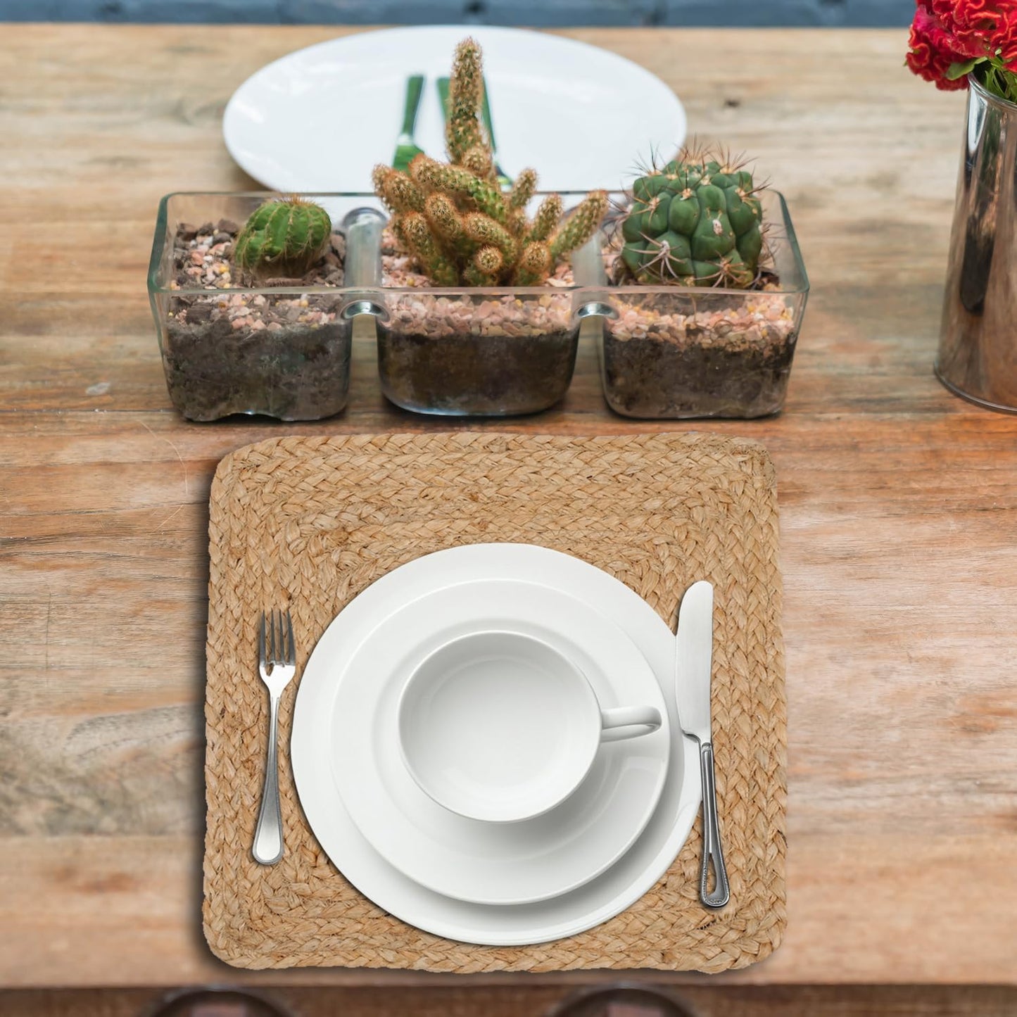 AASAAN DECOR Set of 4 Jute Braided Square Placemats for Dining Table – 13x13 Inches Natural | Rustic Farmhouse Woven Table Mats | Heat Resistant, Natural Fiber Kitchen & Dining Table Decor