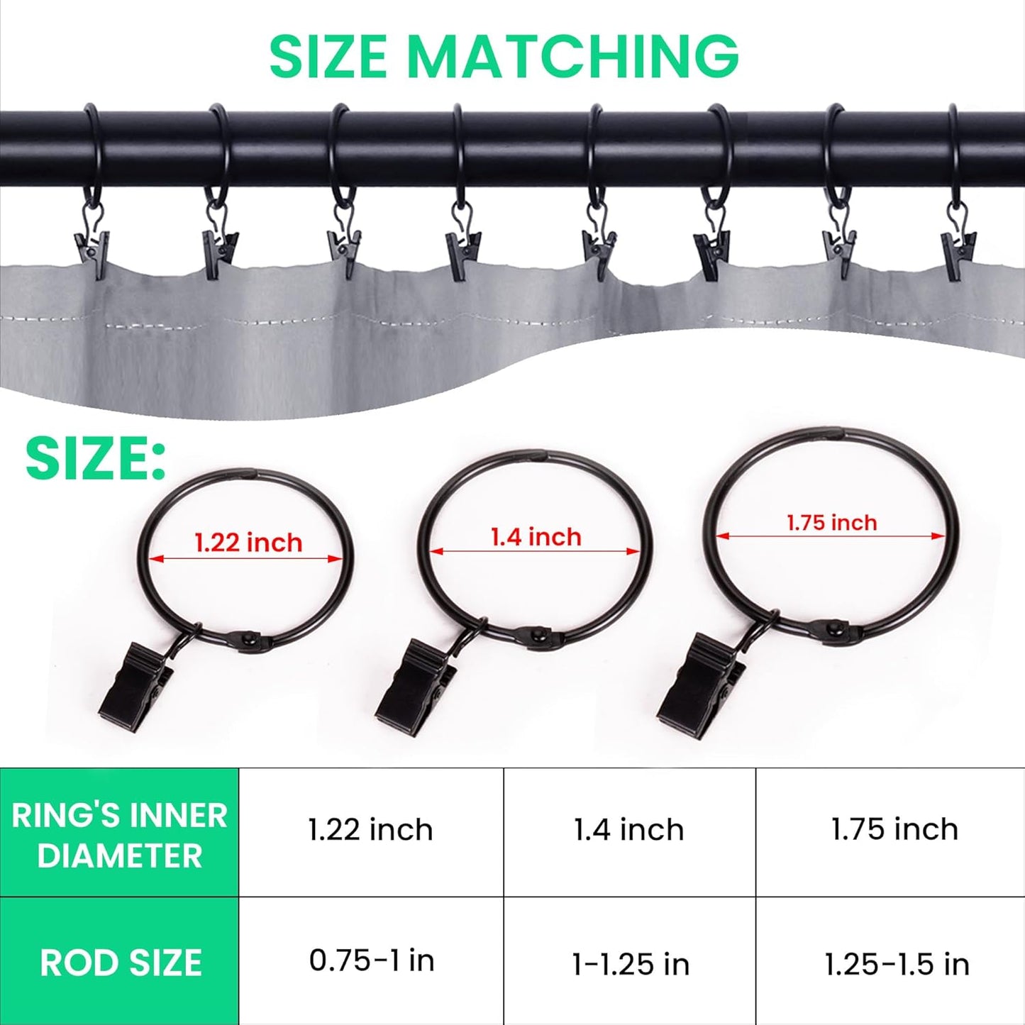Regine Switzerland 36 Pack Metal Curtain Rings - Heavy Duty Rustproof Clips for 0.75-1" Rods | Vintage Black