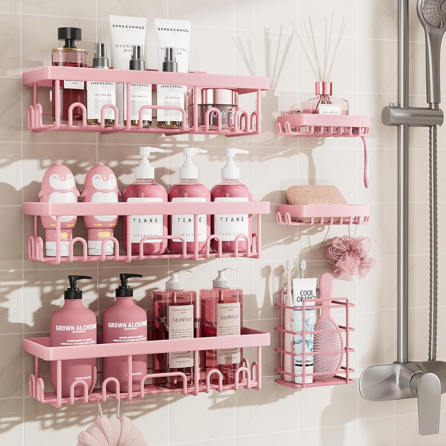 Veken Large Capacity Shower Caddy - Rustproof Adhesive Shelves with Soap Holder | 6-Pack Pink Bathroom Organizer