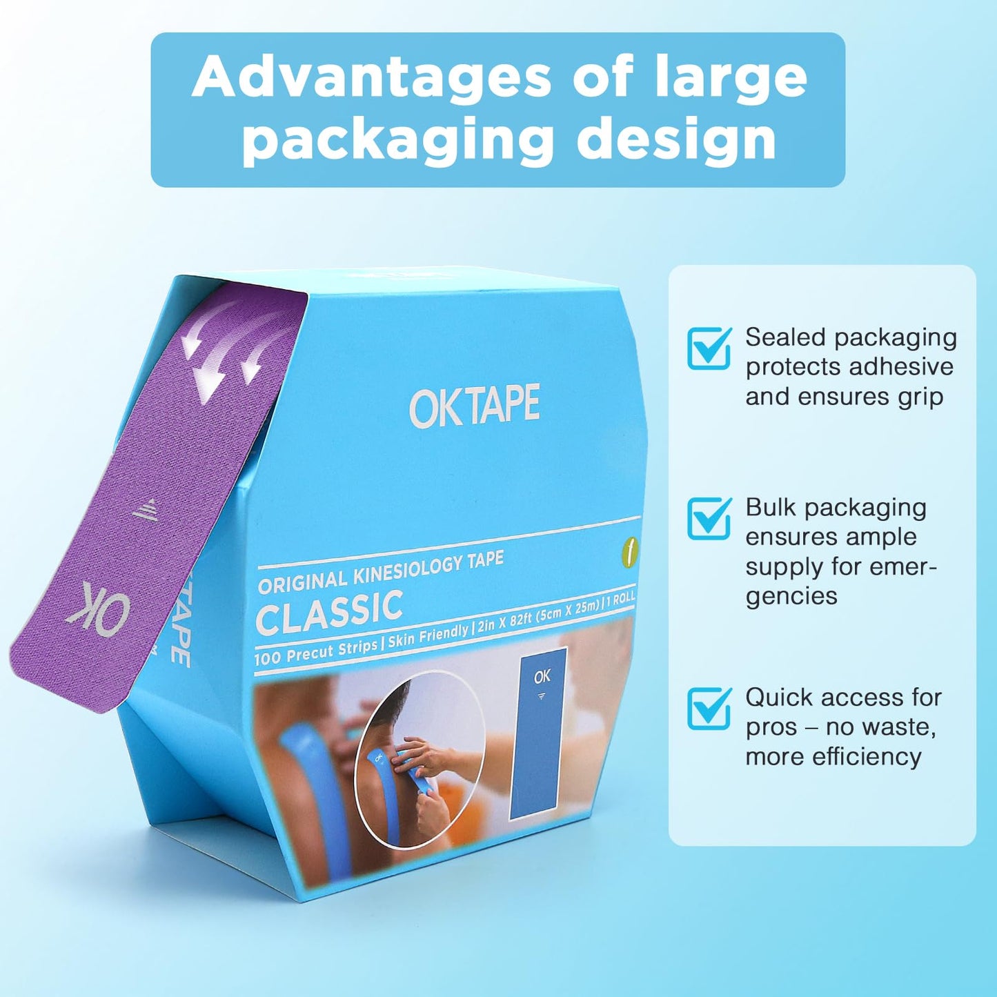 OK TAPE Kinesiology Tape Pre Cut Strips Bulk (100 PCS),Elastic Cotton Latex Free Hypoallergenic Athletic Tape Roll for Muscle Joint Knee,Waterproof 2in×10in/PCS
