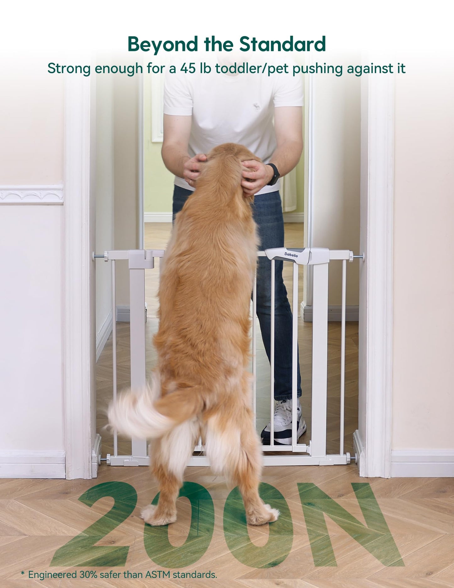 Babelio Metal Baby Gate, 29-48" Auto Close Easy Install Pet Gate, Extra Wide Walk Thru Child Safety Gate, Pressure Mounted Dog Gate for Doorways & Stairs, with Y Spindle Rods, White