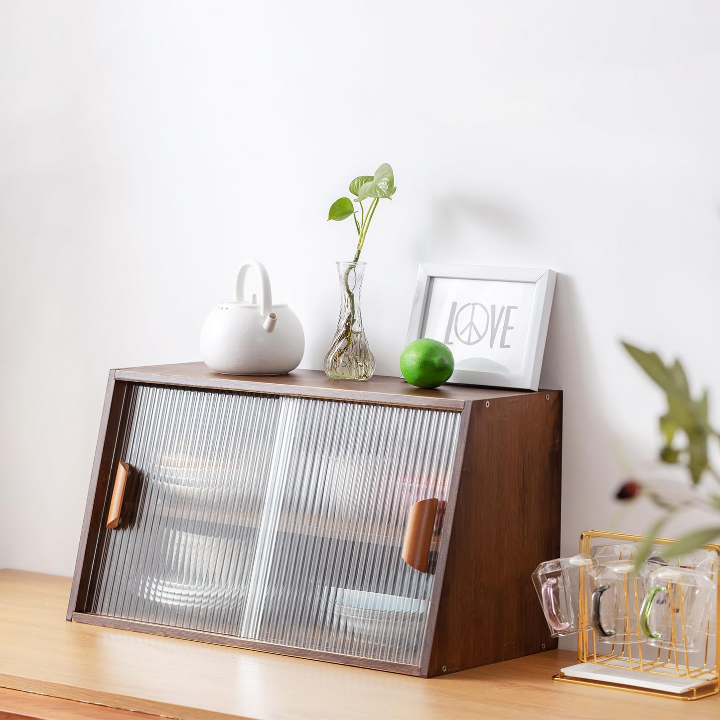 Tiita Small Kitchen Pantry Cabinet, Bamboo Sideboard with Glass Doors, Cupboard Food Pantry Cabinet for Kitchen, Living Room and Dinning Bedroom