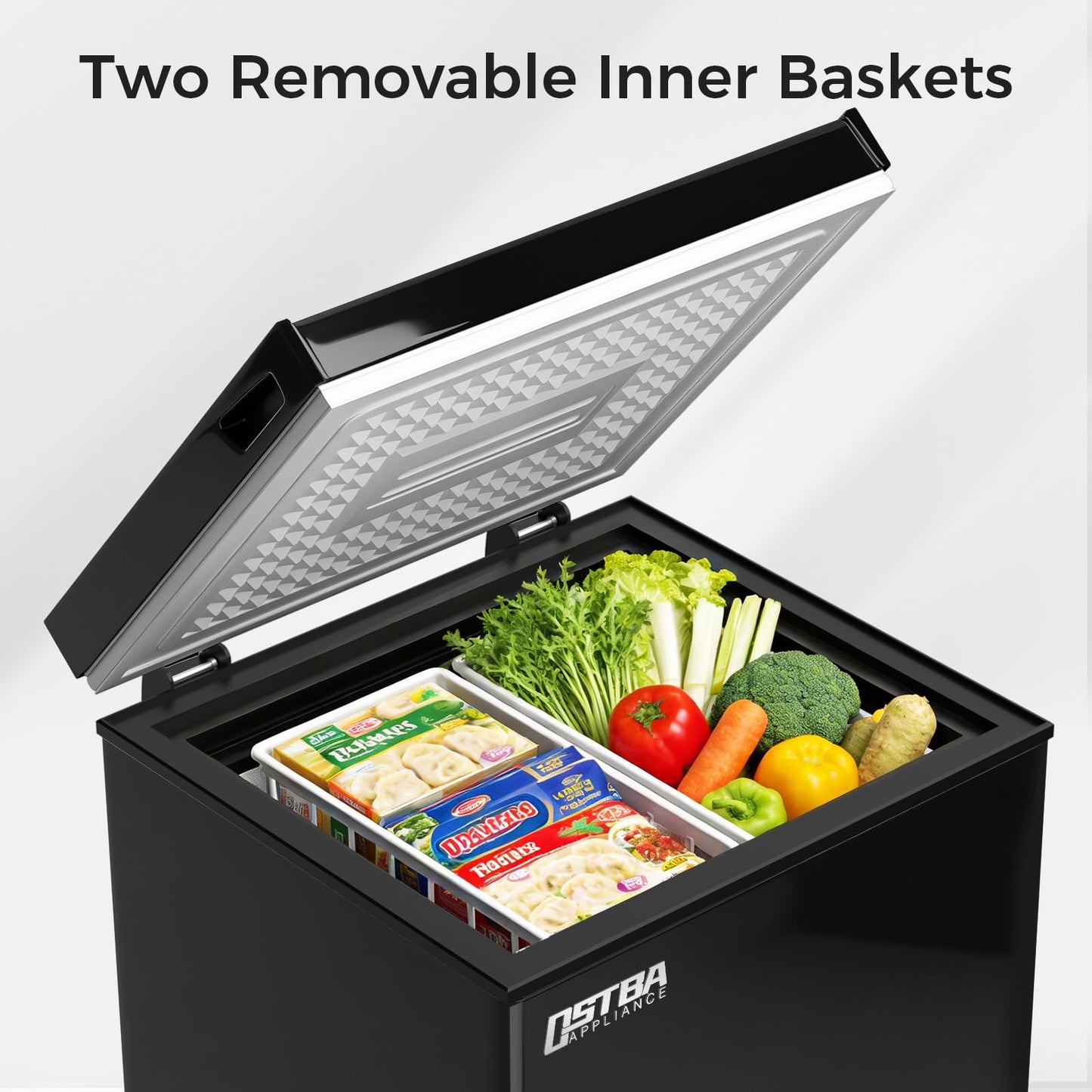 OSTBA 3.5 Cu.Ft Chest Freezer, Compact Deep Freezer with 2 Removable Baskets, Bottom Wheels, 6-Level Temperature Control with Fast Freeze Mode, Energy Saving Quiet Freezer, Black