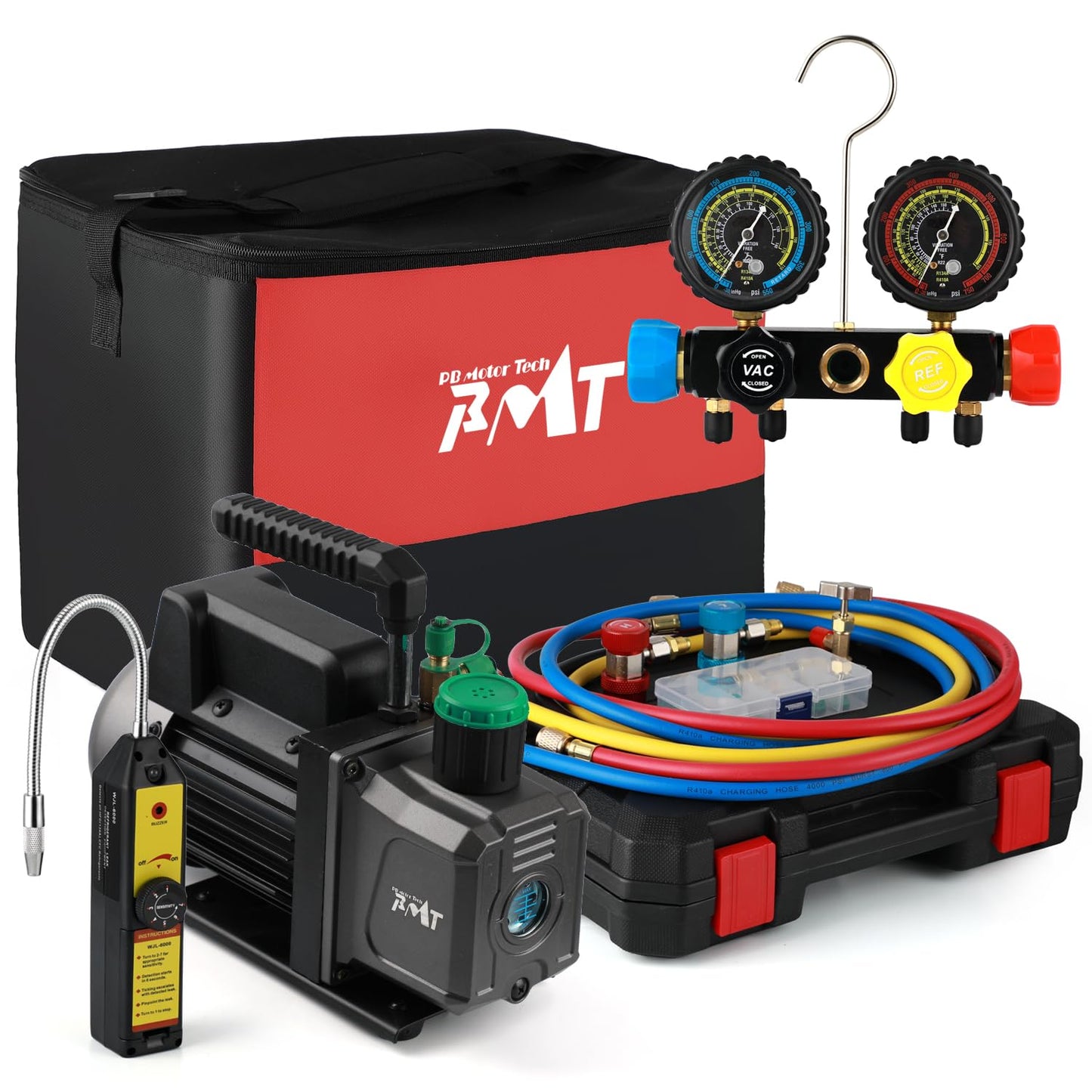 PB Motor TECH 4.5CFM 1/3HP Vacuum Pump with 4-Way AC Manifold Gauge Set for R134a R22 R410a - Includes Leak Detector, Puncture Can Tap, and More