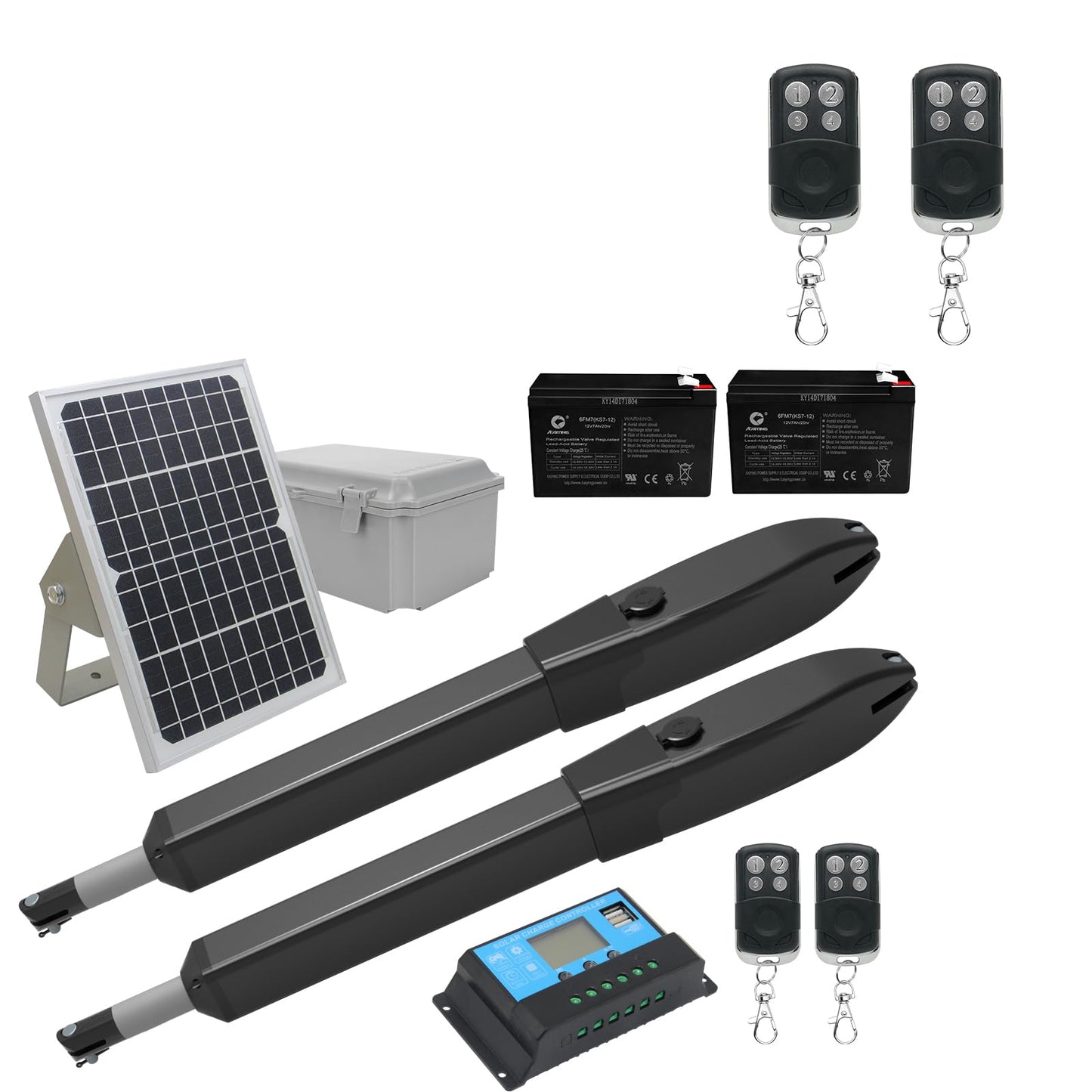 JUJIANG Solar Gate Opener with Batteries & Solar Panel + 2 Extra Remotes for Dual Swing Gates Up to 770lb per Arm Automatic Gate Openers with Remote Complete Kit Medium Duty PKM-C026