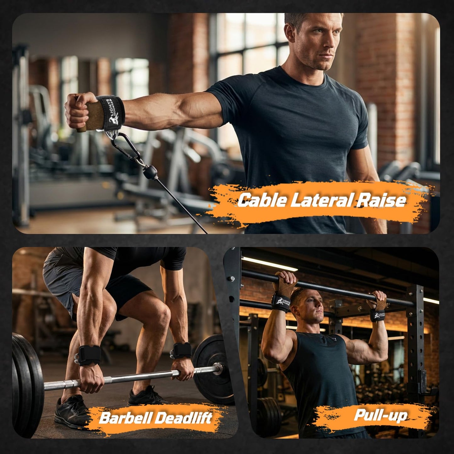 Lights Mountain Heavy Duty Weight Lifting Straps with Dual D-Rings, Leather Palm Grip, Neoprene Wrist Support for Deadlifts, Rows, Cable Machines & Free Weights