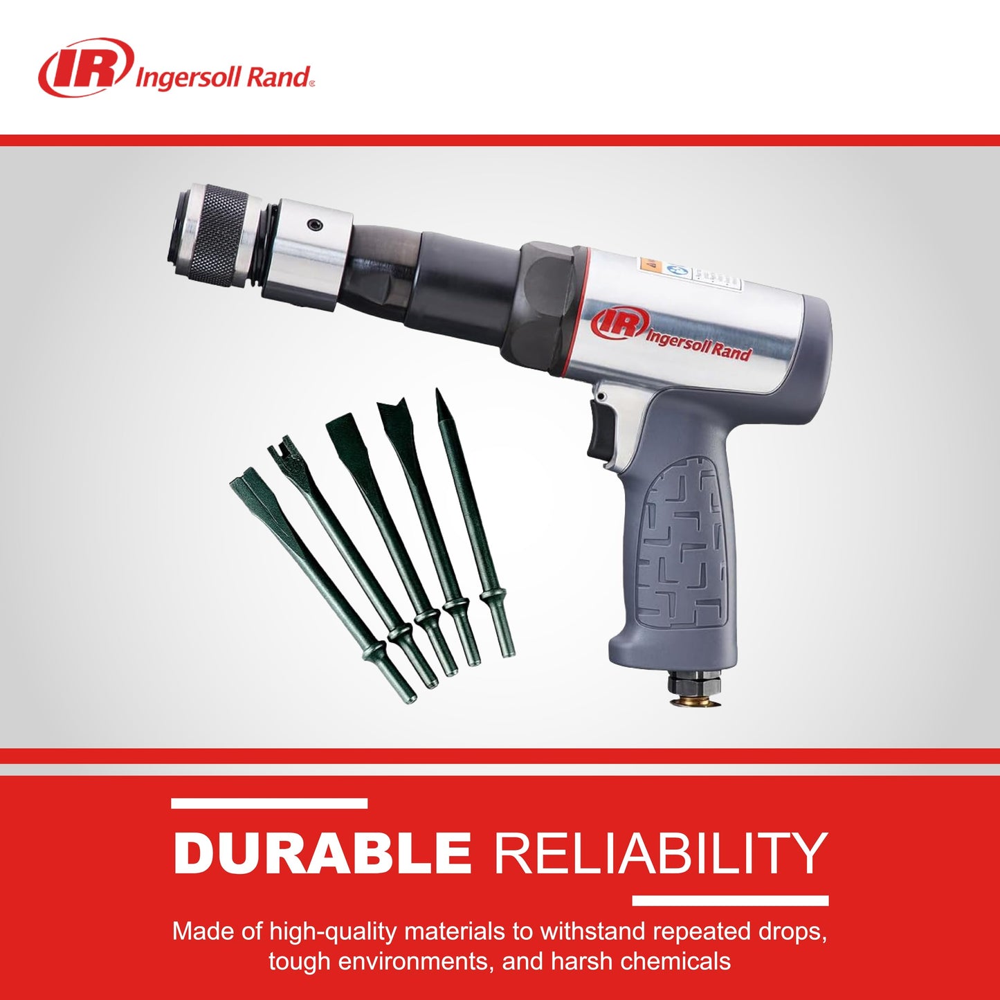 Ingersoll Rand 119MAXK 3 1/2" Stroke Long-Barrel Air Hammer Kit, Max Rotational Speed Up to 2,530 BPM, Includes 5 Chisel Attachments