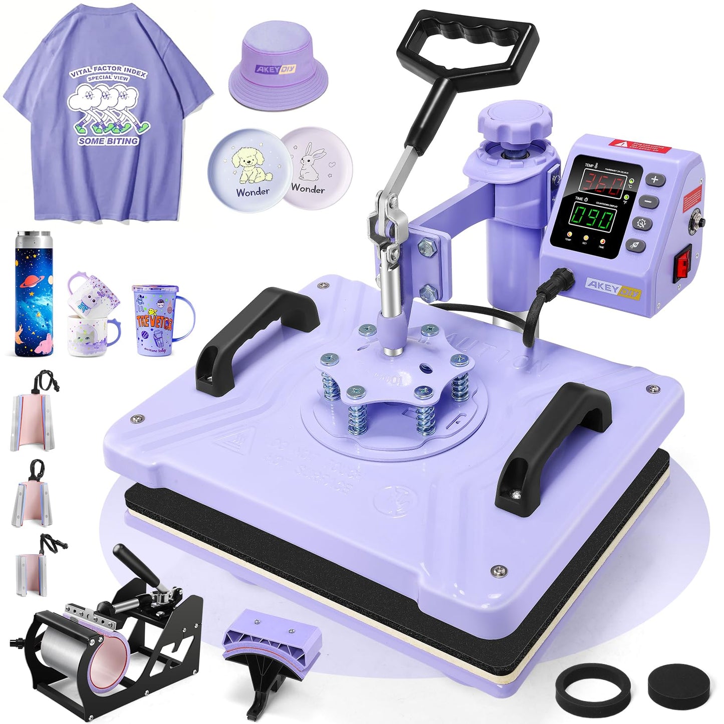 AKEYDIY Upgraded 8 in 1 Heat Press Machine for Tshirts 12X15 Inch, 360° Swing Away Shirt Press Machine for Sublimation, Multifunctional Heat Transfer Machine Combo for Shirts (Purple-8 in 1)