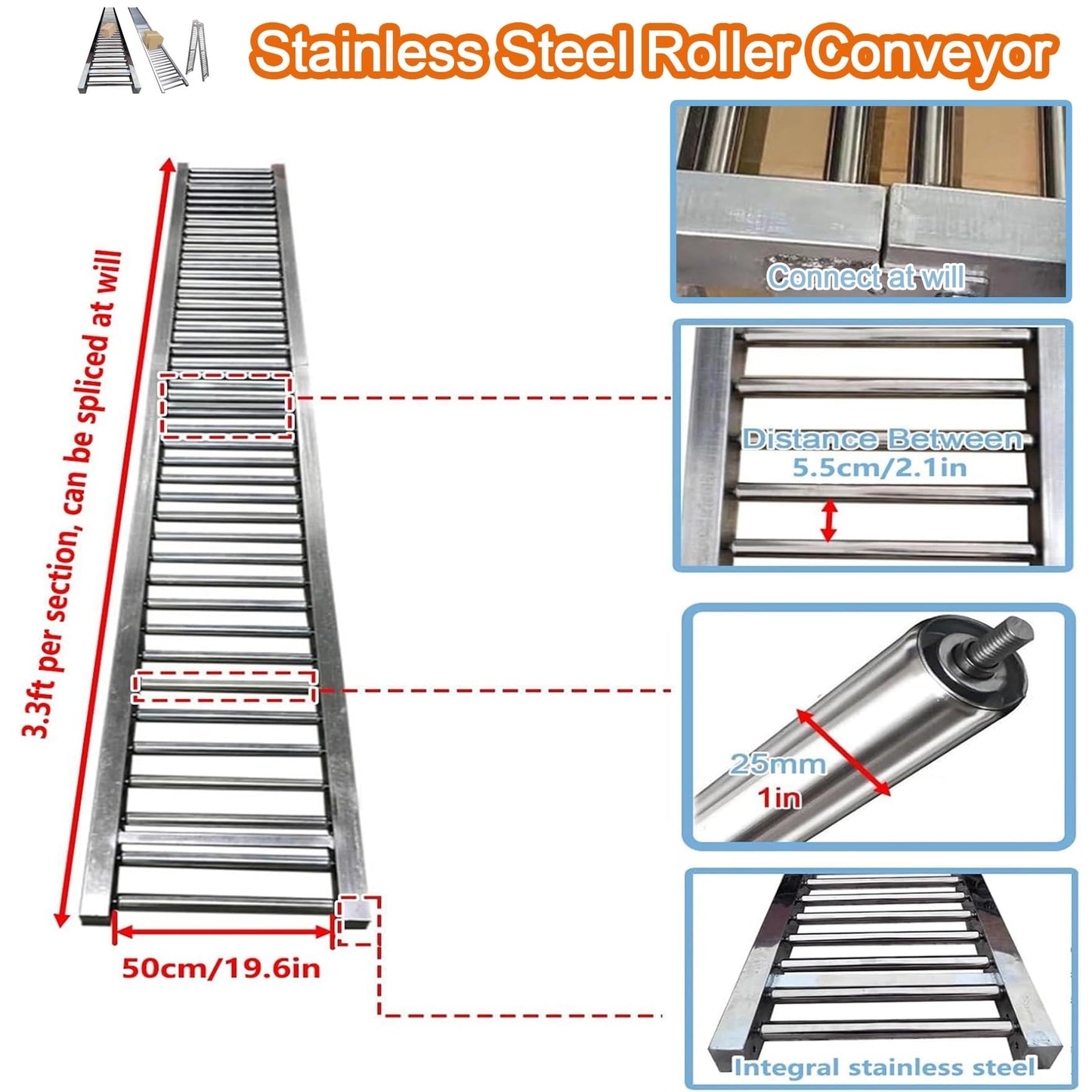 Adjustable Heavy Duty Conveyor Roller for Warehouse Unloading, 3.3ft to 33ft Length, 20" Width, Height-Adjustable Stand, 16.4ft Length - Ideal for Efficient Material Handling
