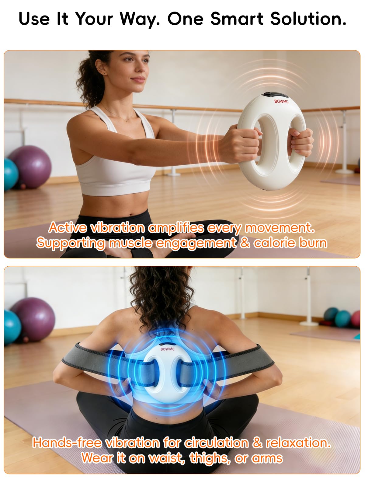 BOWMC 2 Pack Smart Vibration Massager, Fascia Massage Ring with Dual Grip Design, Handheld Portable Muscle Activation & Body Toning Device for Arms, Waist, Abdomen, Legs & Lower Back (White)
