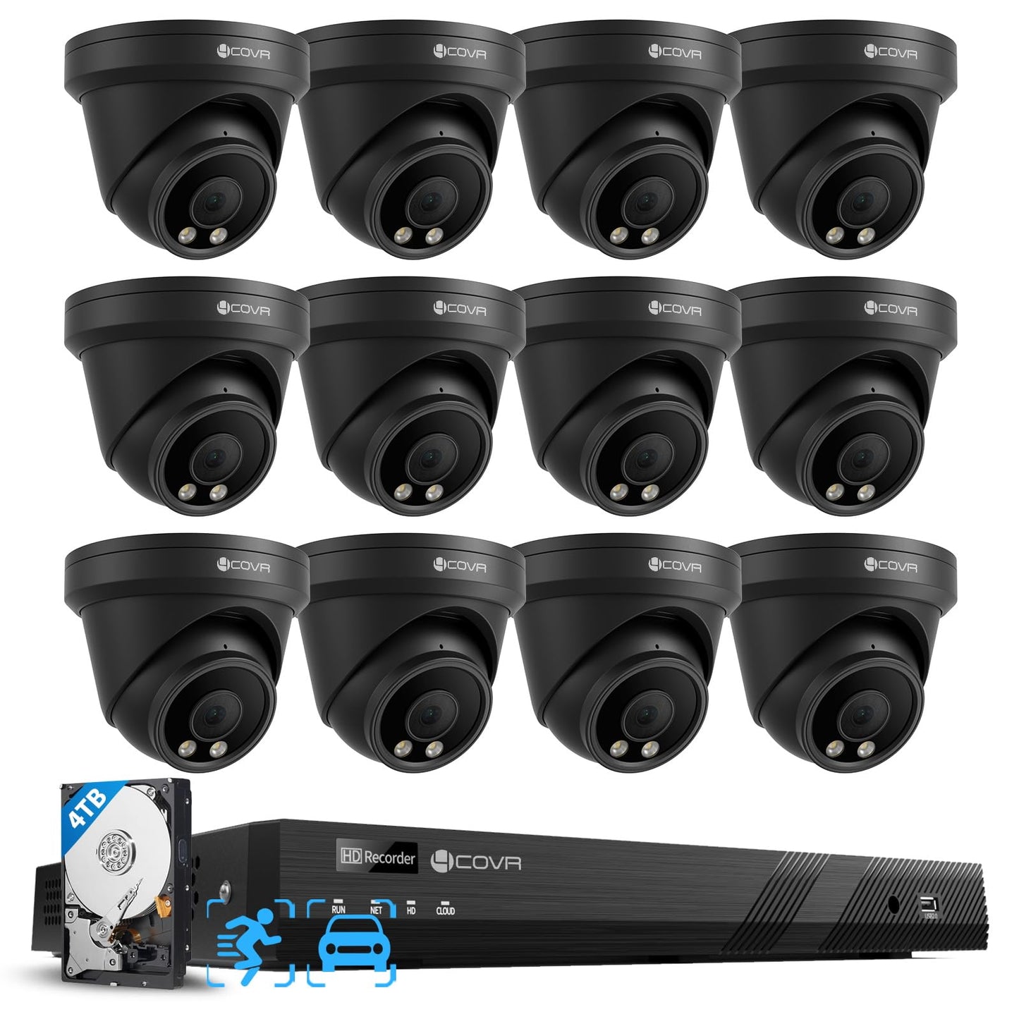 4COVR 16 Channel Security Camera System, AI Human/Vehicle Detection, 16CH 8MP NVR 4TB HDD, 12Pcs 5MP Wired Commercial Dome PoE IP Camera IP67, Night Vision, Business Surveillance Outdoor, LY97AB5M1612
