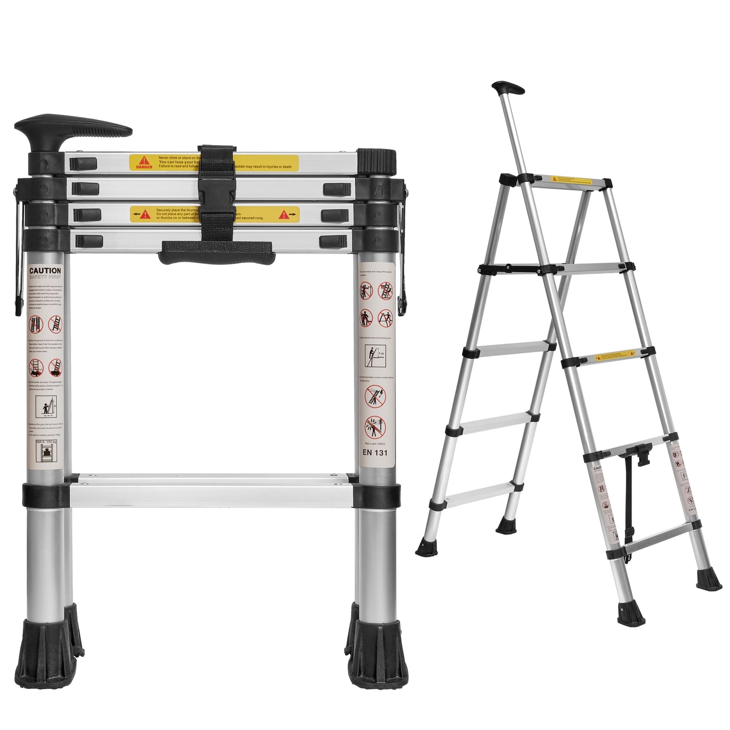5.6 FT A-Frame Aluminium Telescoping Ladder,6+6 Step Ladder,330LB Load Capacity,Portable Telescopic Folding Extension Ladder Heavy Duty Collapsible Ideal for Home and Outdoor(1.7m+2m/12.2FT Handrails)