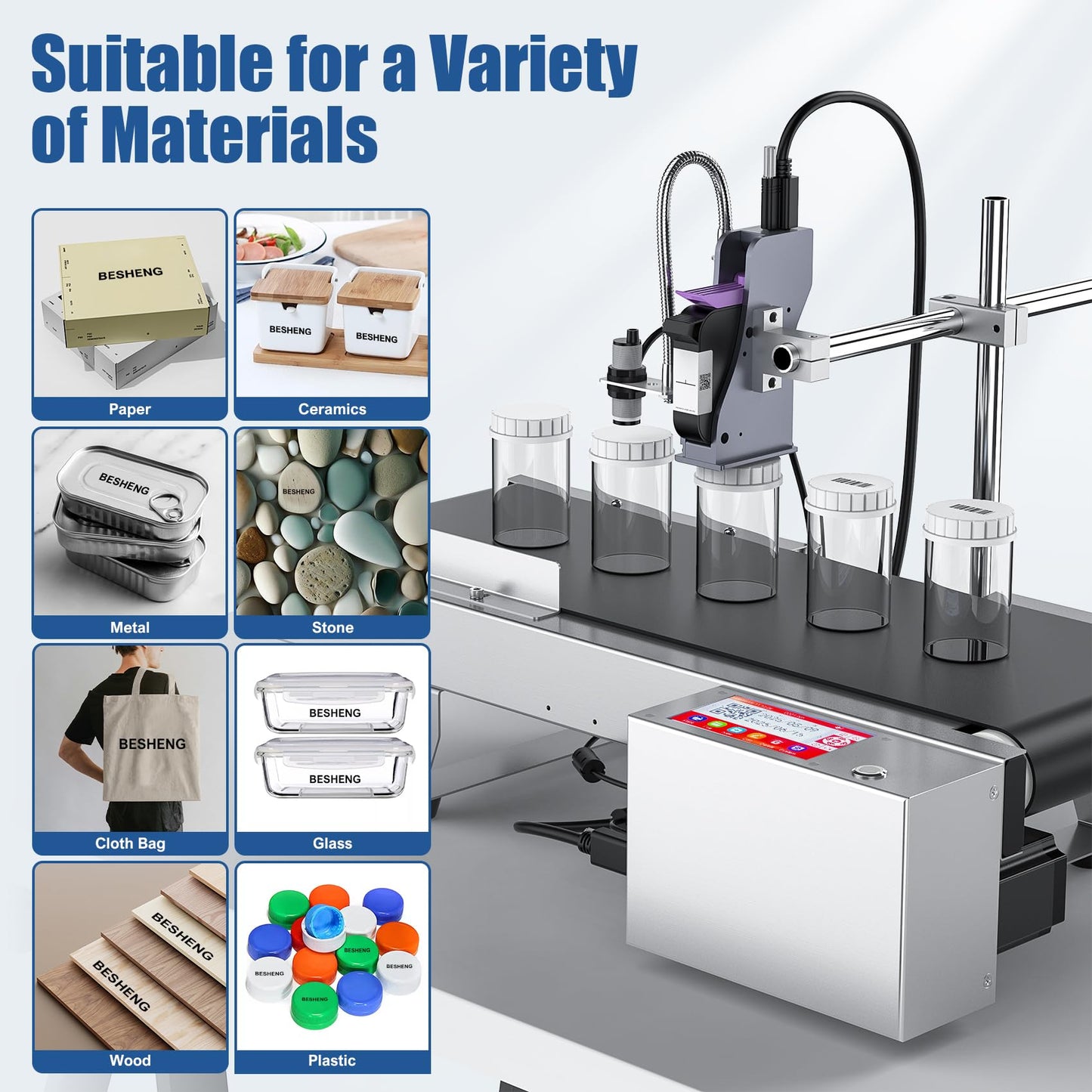 BESHENG JS740 Inkjet Coding Machine with Mini Conveyor Belt, Automatic Online Inkjet Printer with 42ml Original Quick-Drying Ink, Industrial Batch Code Printer Date/Barcode/QR Code/Number/Label