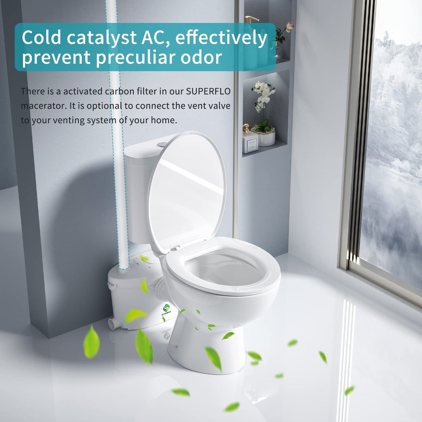 600W Macerating Toilet for Basement,Upflush Toilet System Connect Dual Flush & Rear Outlet Toilet, Sink & Tub,included Toilet Bowl, Water Tank & Macerator Pump SUPERFLO