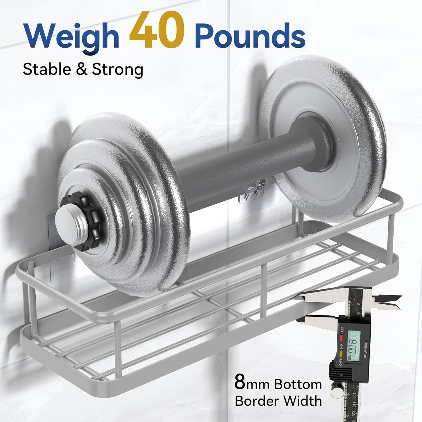 YASONIC Shower Caddy - No Drill Bathroom Organizer with Removable Hooks | Rust-Proof Grey Shelves, 2 Pack