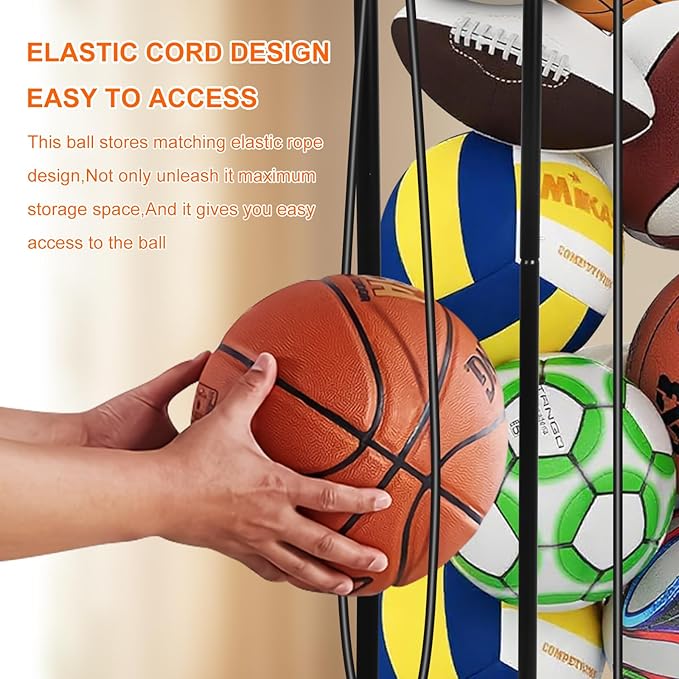 Garage Ball Storage Rack,with Bungee Cord Sports Equipment Organizer,Can be Wall-Mounted & Floor-Mounted Mount,FitBasketball,Footbal,Volleyball,Gym,and Garage Ball Storage (Black)