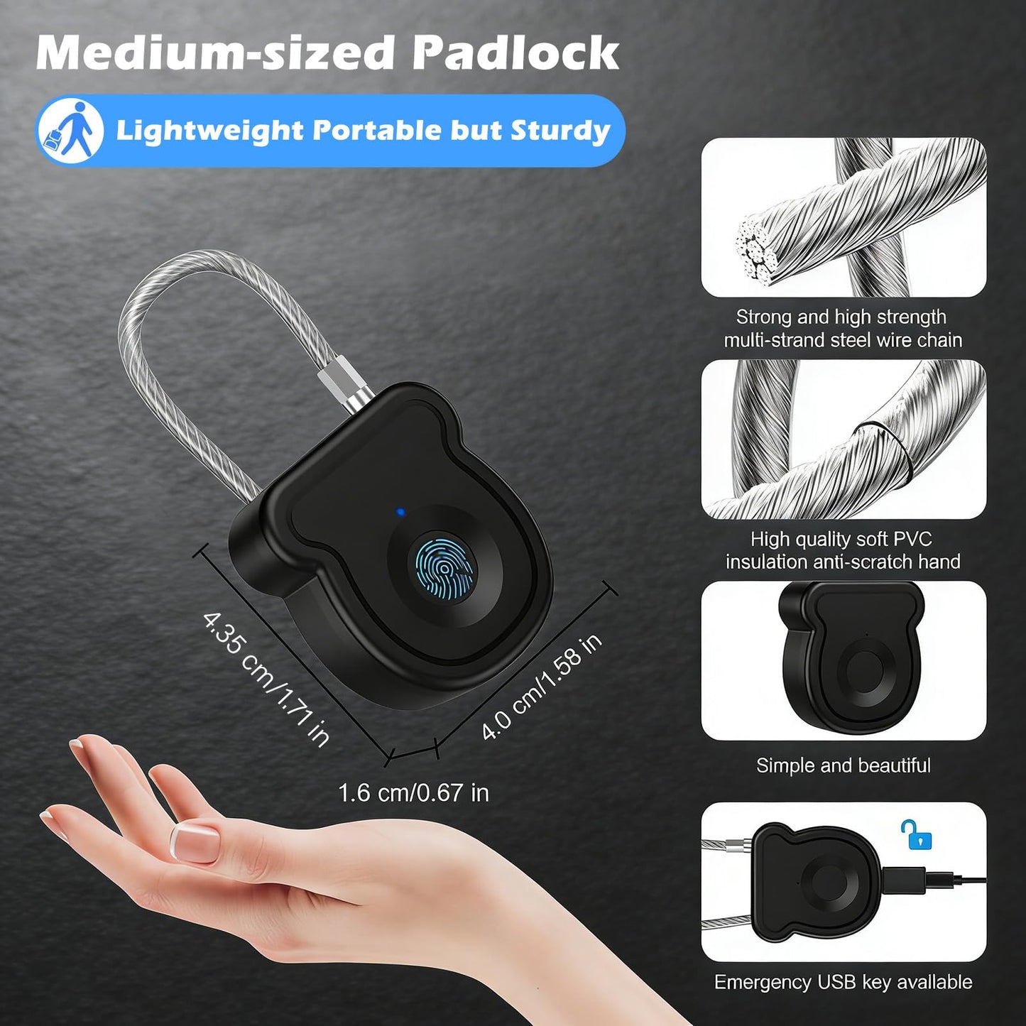 Fingerprint Padlock, Locker Lock with Keyless, Portable Biometric Padlock Combination Locks for Gym Gate Storage, Smart Lock for Locker USB Rechargeable (20 Fingerprint Black B)