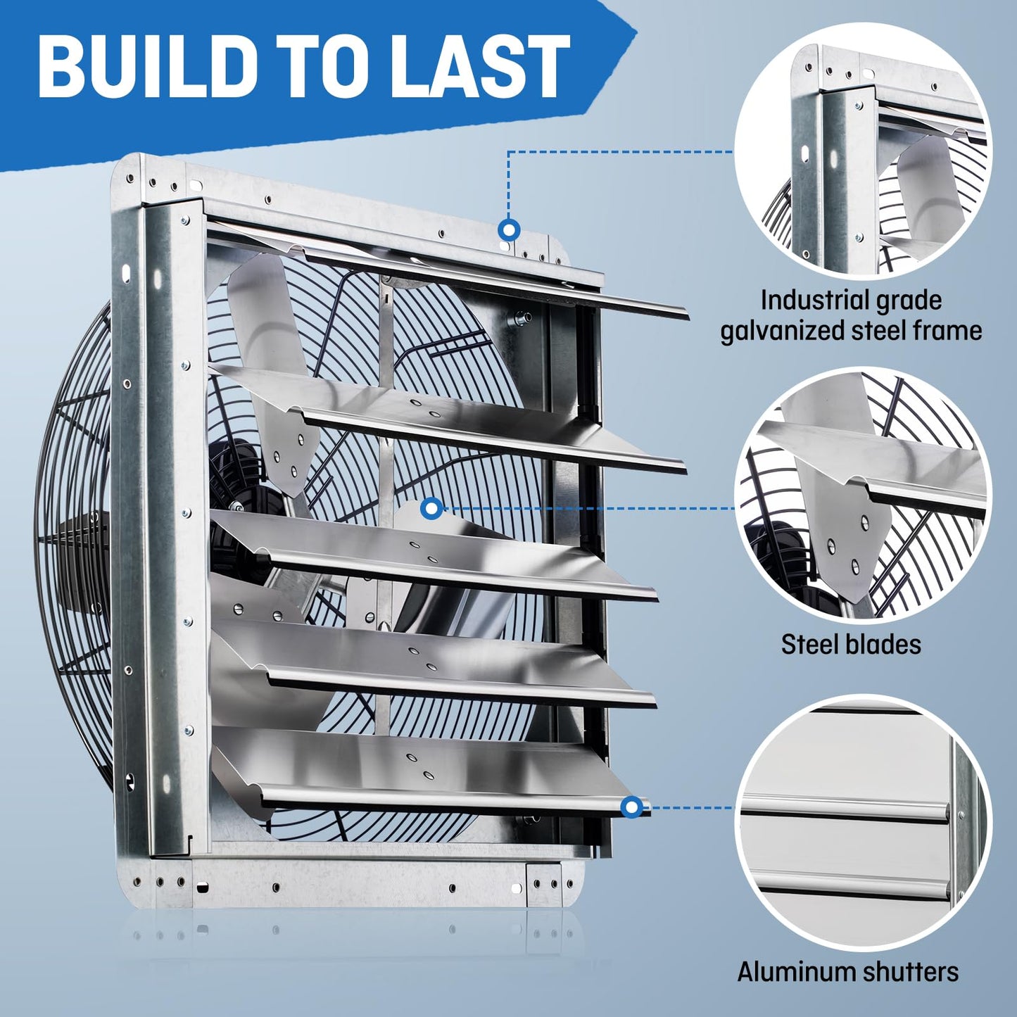 iLIVING 18" Wall Mounted Shutter Exhaust Fan, Automatic Shutter, with Thermostat and Variable Speed controller, 0.85A, 1736 CFM, 2600 SQF Coverage Area Silver (ILG8SF18V-ST)